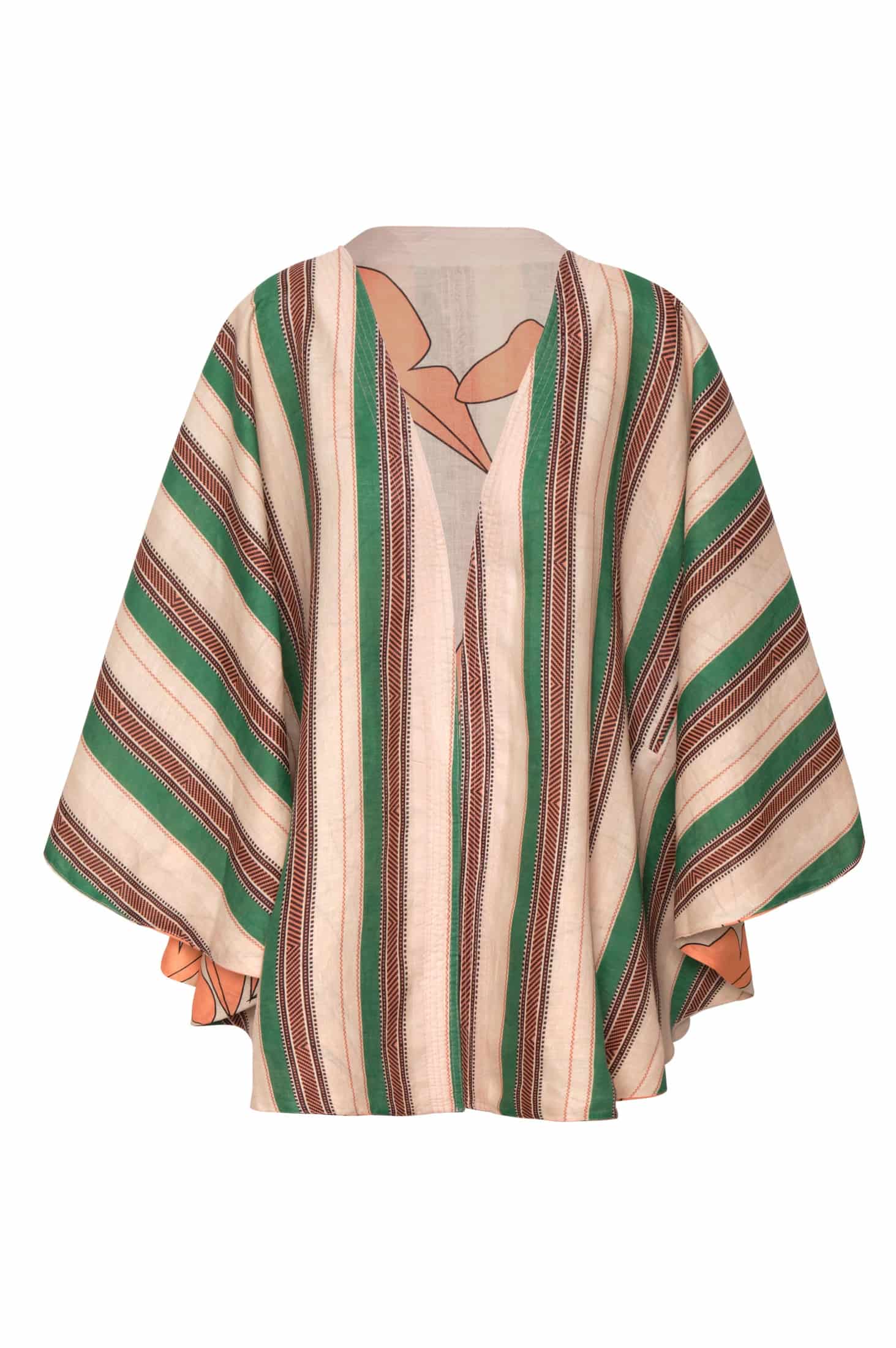 Cavalo Linen Poncho / Peach Palms - Green Artisanal Stripes - miniatura 3