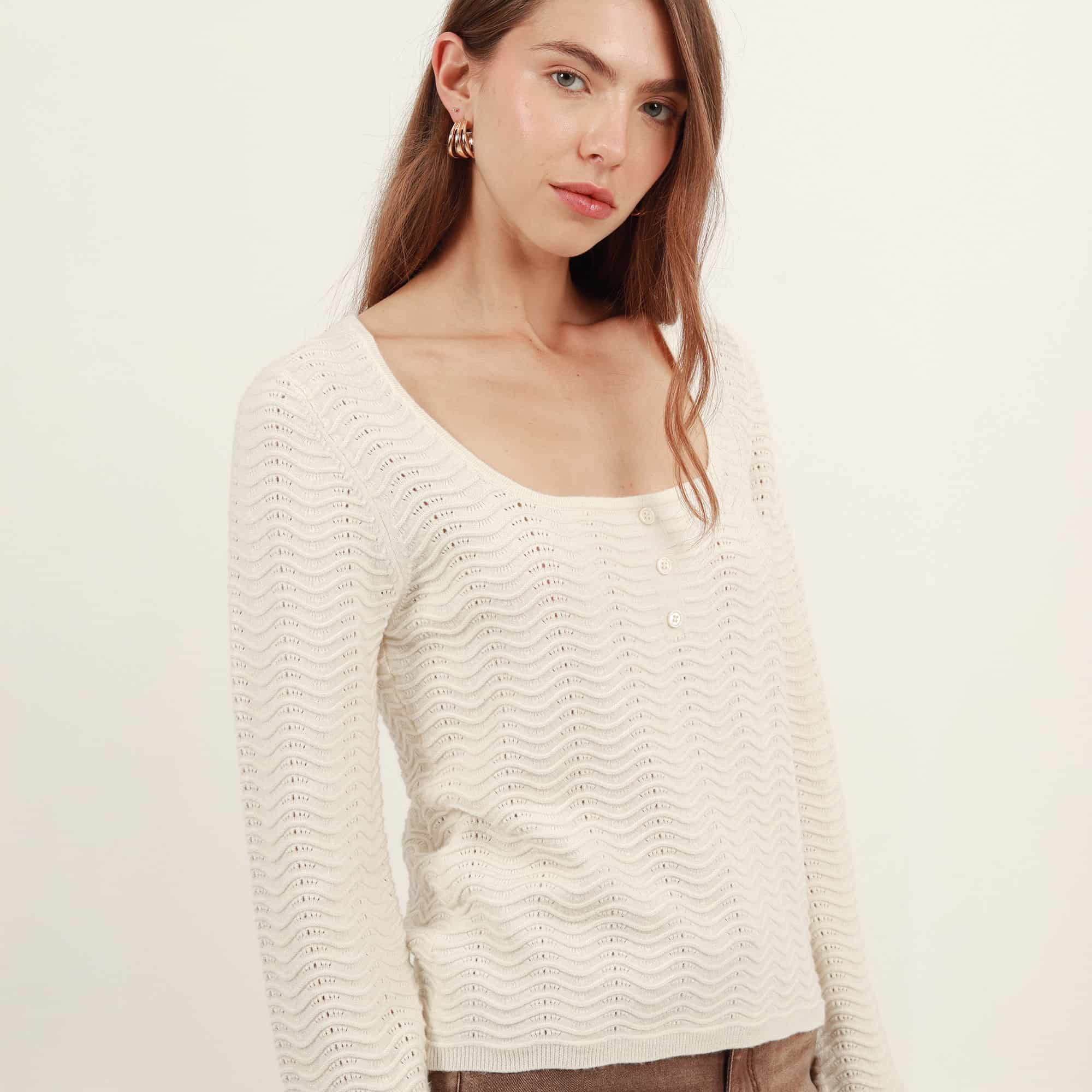 Sweater con textura cuello en u manga larga con botón - miniatura 8