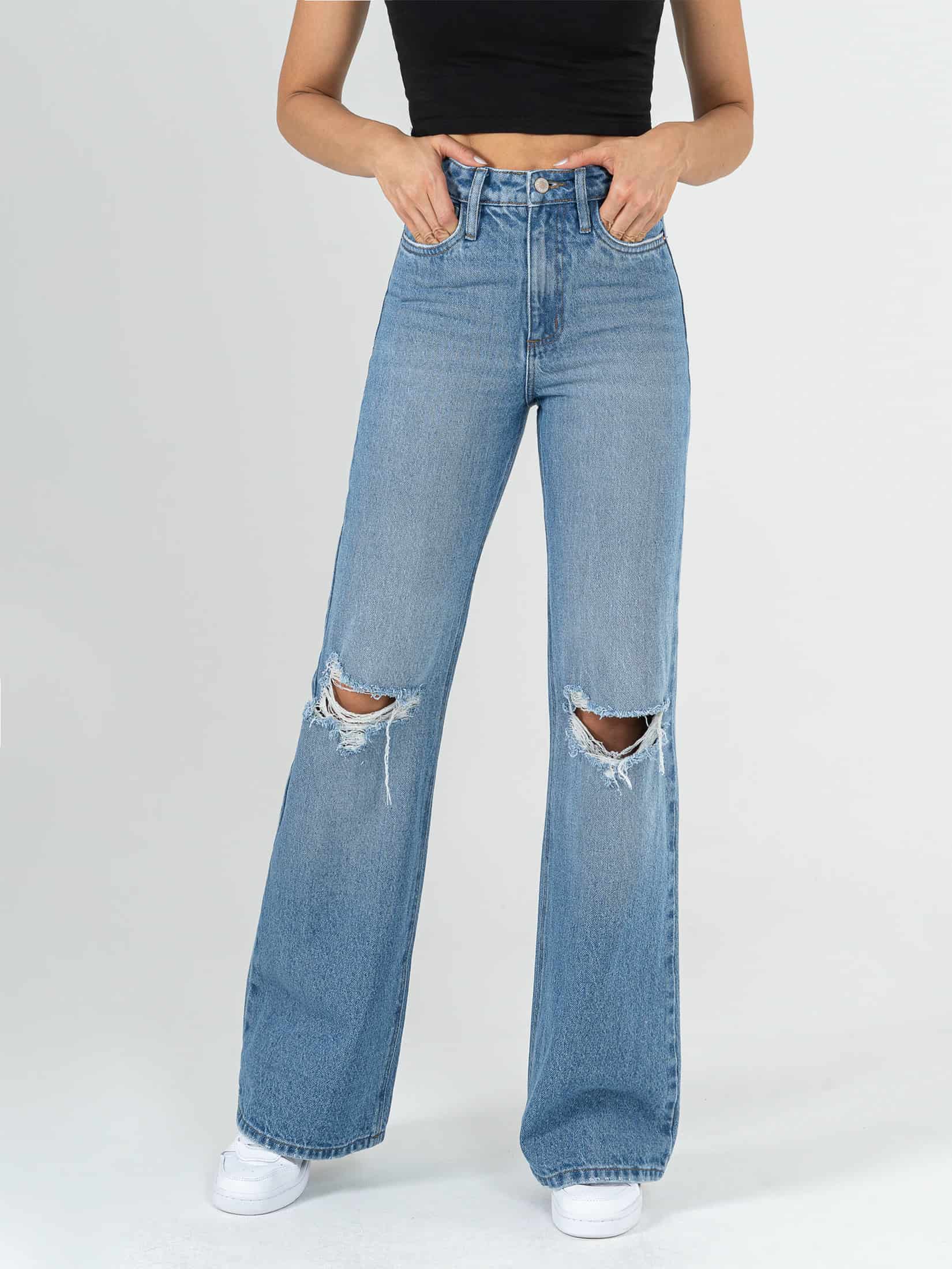Ref: 064238 Jean Mom Flare, rígido, tiro alto, tono azul medio con rotos, diseño cinco bolsillos - miniatura 1