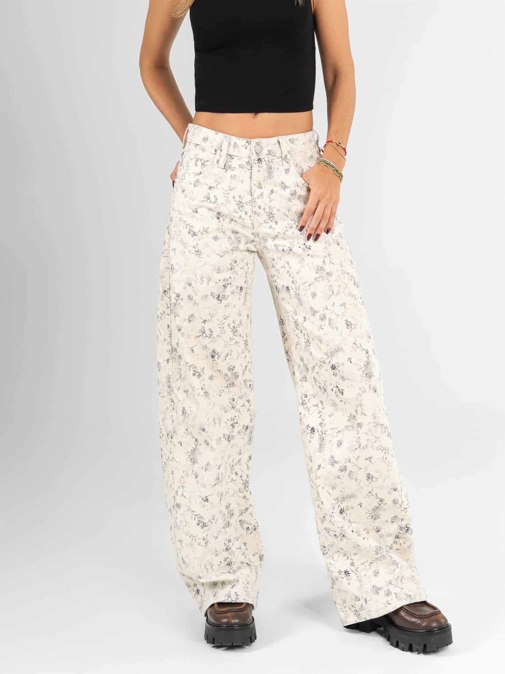Ref: 0620653 Pantalón wide leg, stretch, detalle de tela estampada, tiro alto, tono ivory - miniatura 1