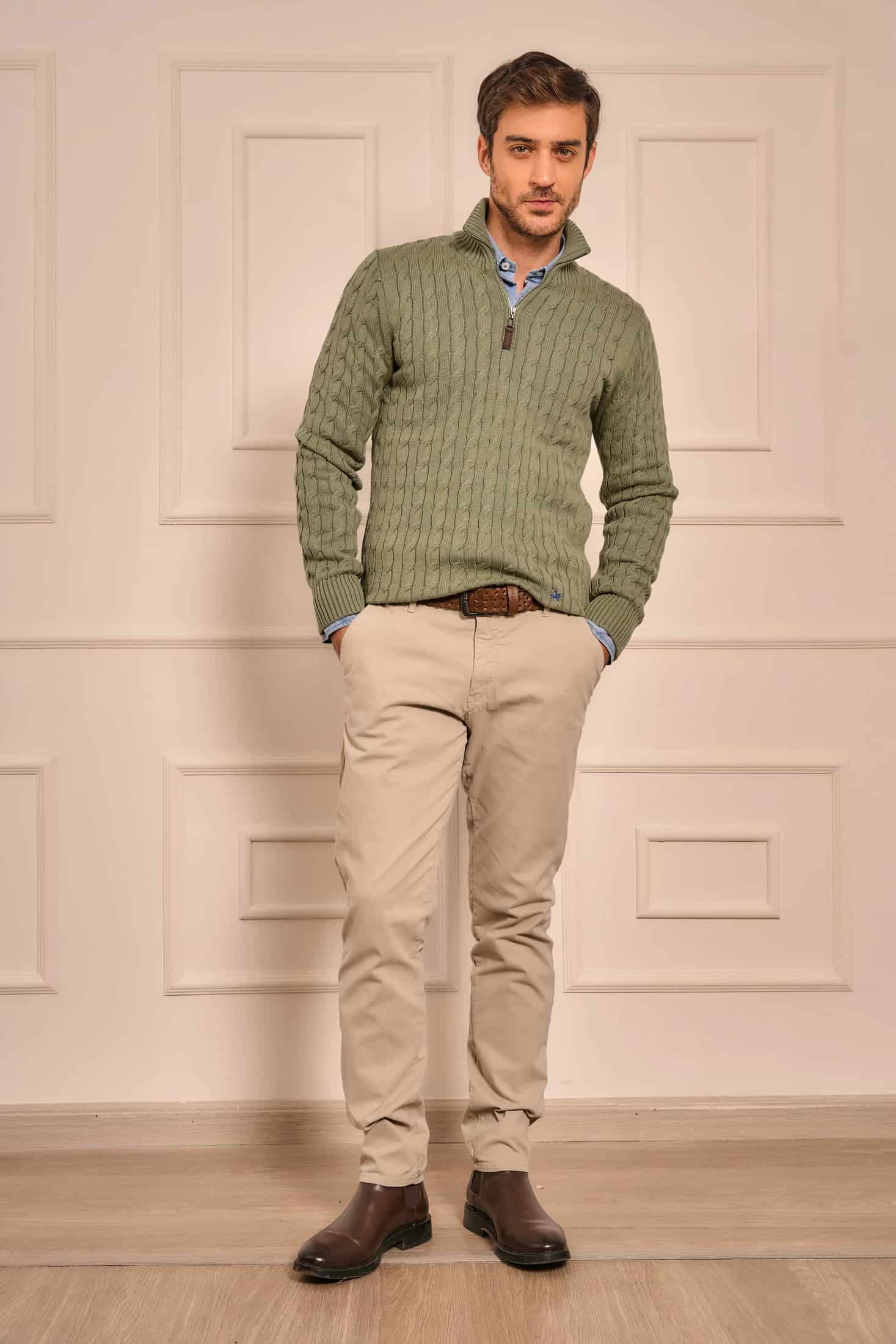 Suéter Halfzip Trenzado Hombre Verde Alamo - miniatura 4