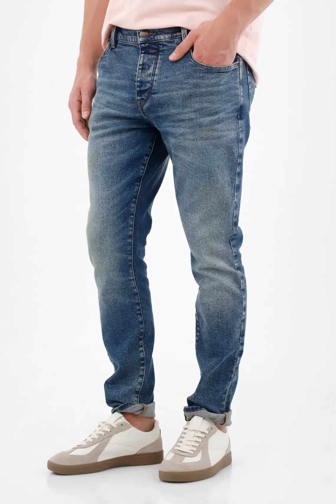 Jean skinny con lavado desgastado en denim de algodón azul medio para hombre - miniatura 2