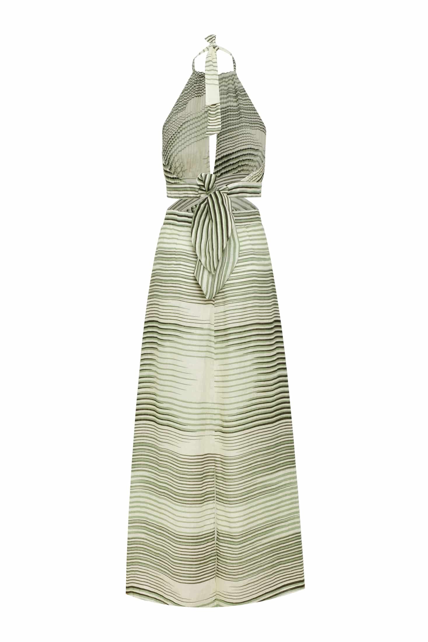 San Agustin Pleated Linen Midi Dress / Green Stripes - miniatura 4