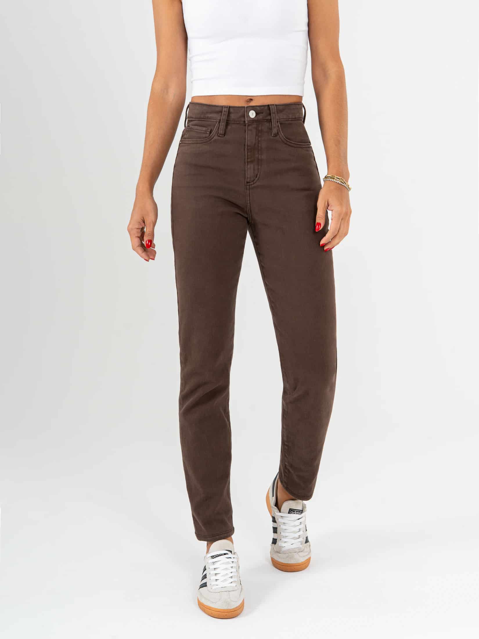 Ref: 069850 Pantalón mom fit stretch, tiro alto, tono café. - miniatura 1