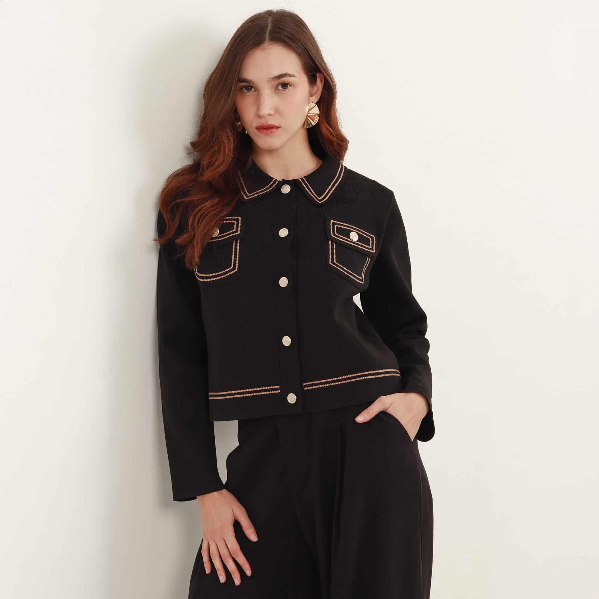 Chaqueta cardigan tejida cuello solapa manga larga - miniatura 5