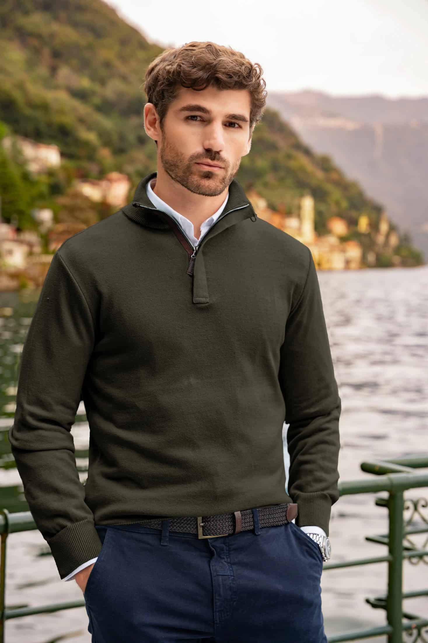 Suéter Halfzip Tesino Leggero Hombre Verde Militar - miniatura 1
