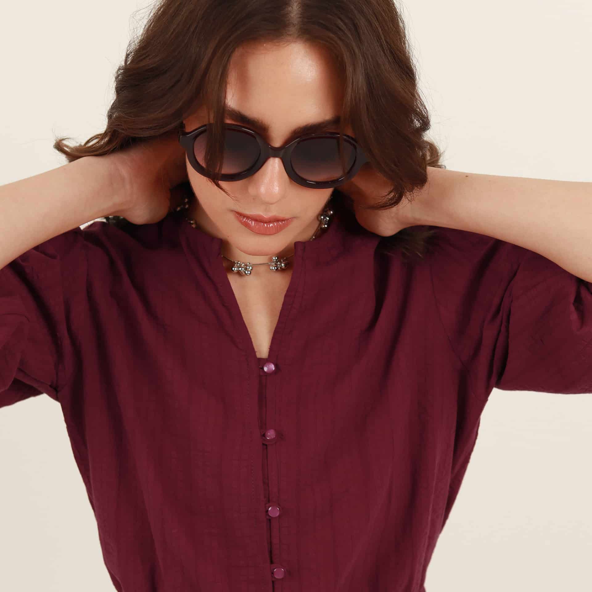 Blusa abierta cuello redondo manga globo 3/4 con cordón en cintura - miniatura 3