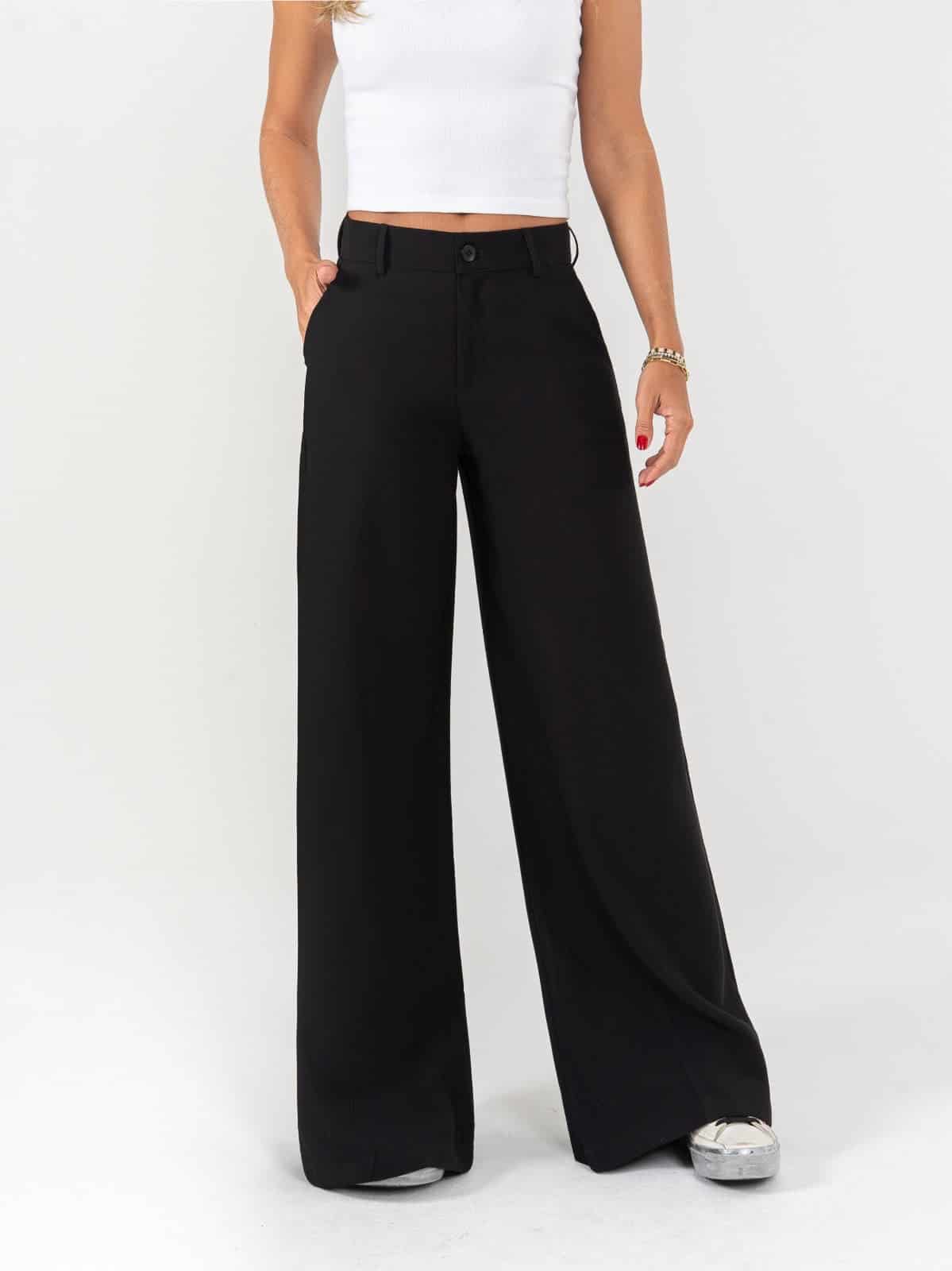 Ref: 0620244 Pantalón palazzo, sin prenses, con cortes, tono negro, tejido plano liviano, tiro alto - miniatura 1