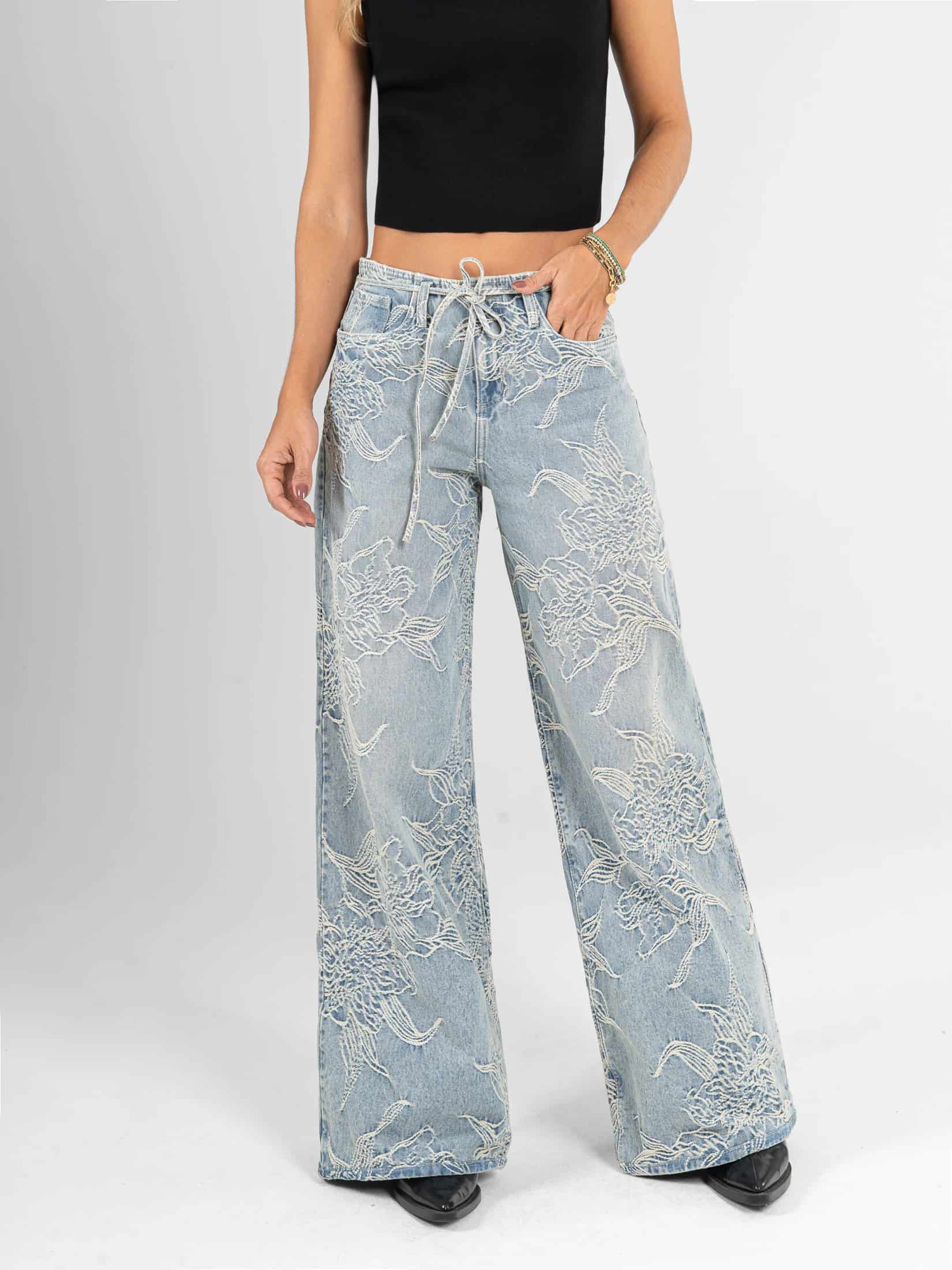 Ref: 066542 Jean palazzo, detalle en pretina, tiro alto, tono azul medio claro - miniatura 3