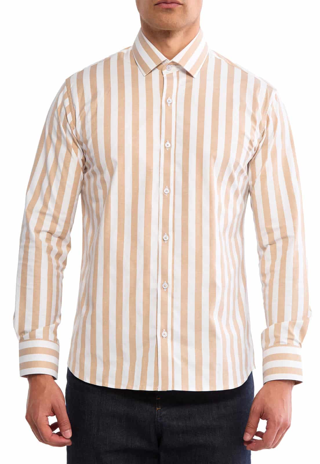 Camisa manga larga blanca con rayas camel - miniatura 3