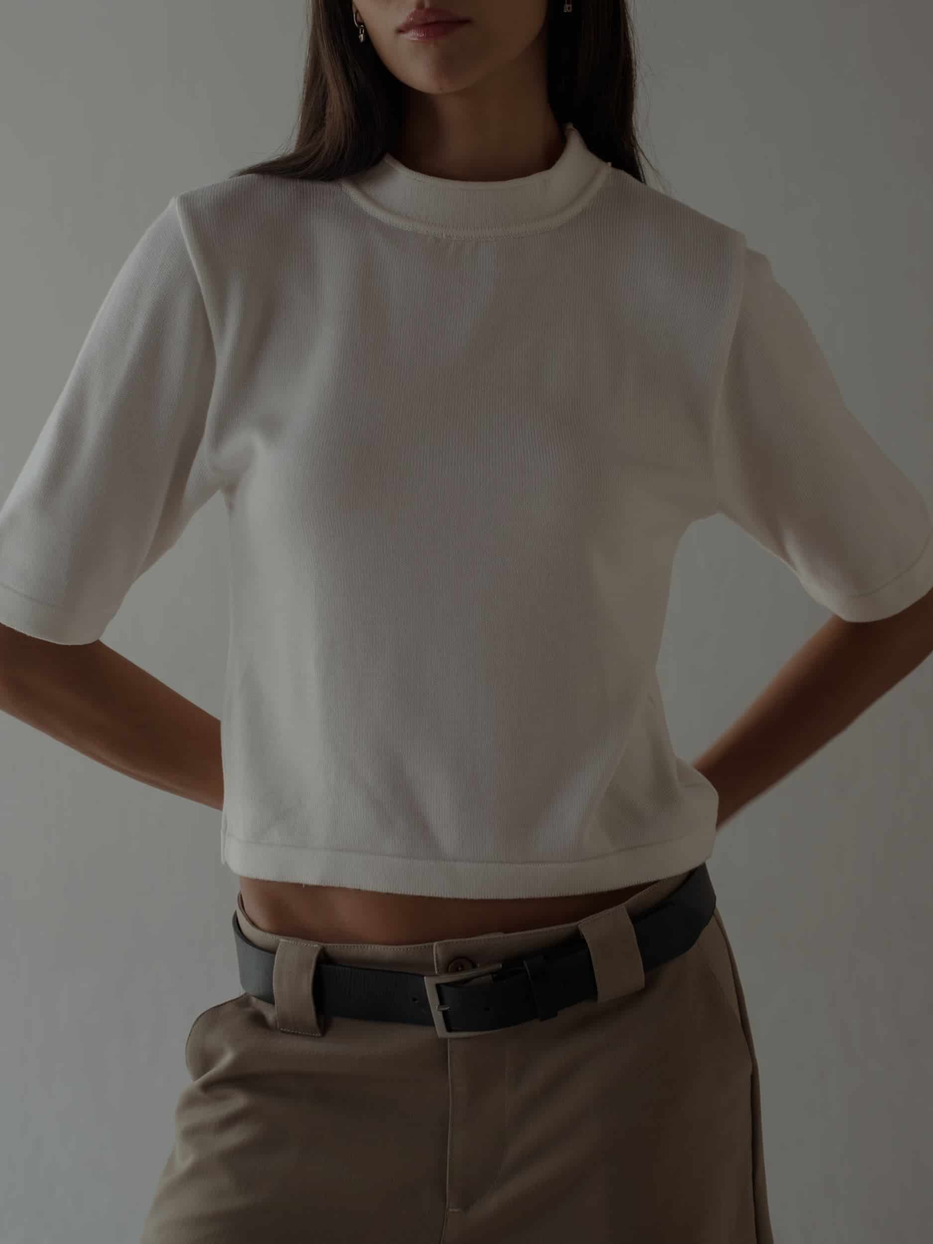 TALL COLLAR KNIT T-SHIRT - VANILLA - miniatura 3