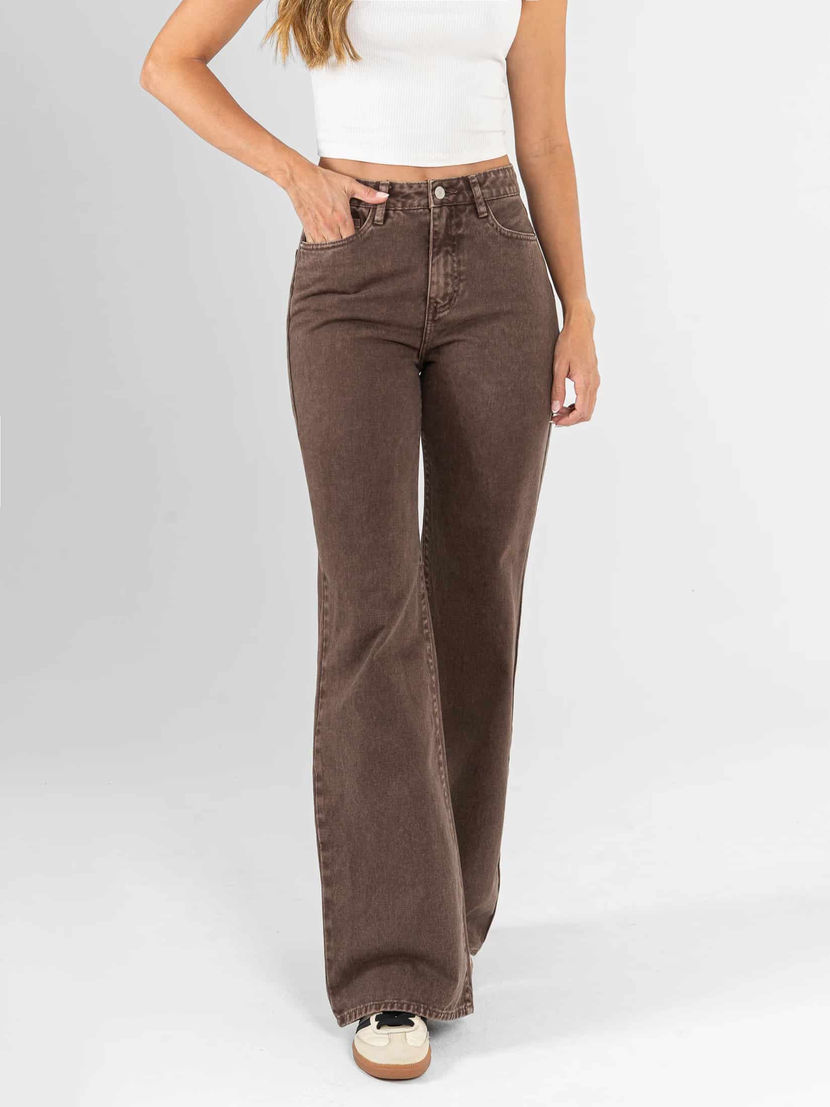 Ref: 0620543 Pantalón mom flare, rígido, tiro alto, tono cafe - miniatura 1