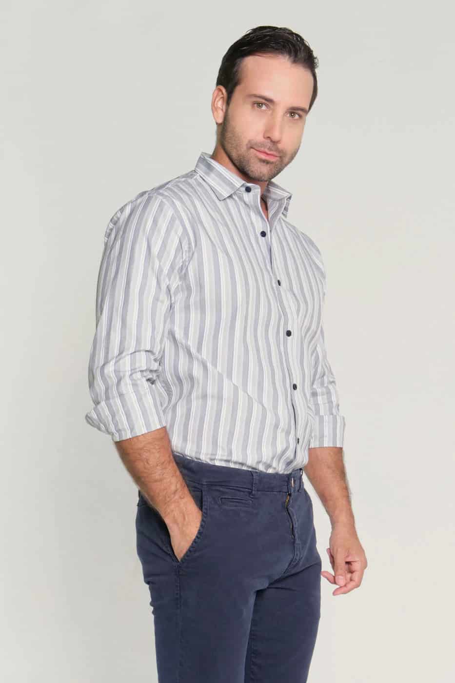 Camisa Slim Algodón Raya Gris - miniatura 1