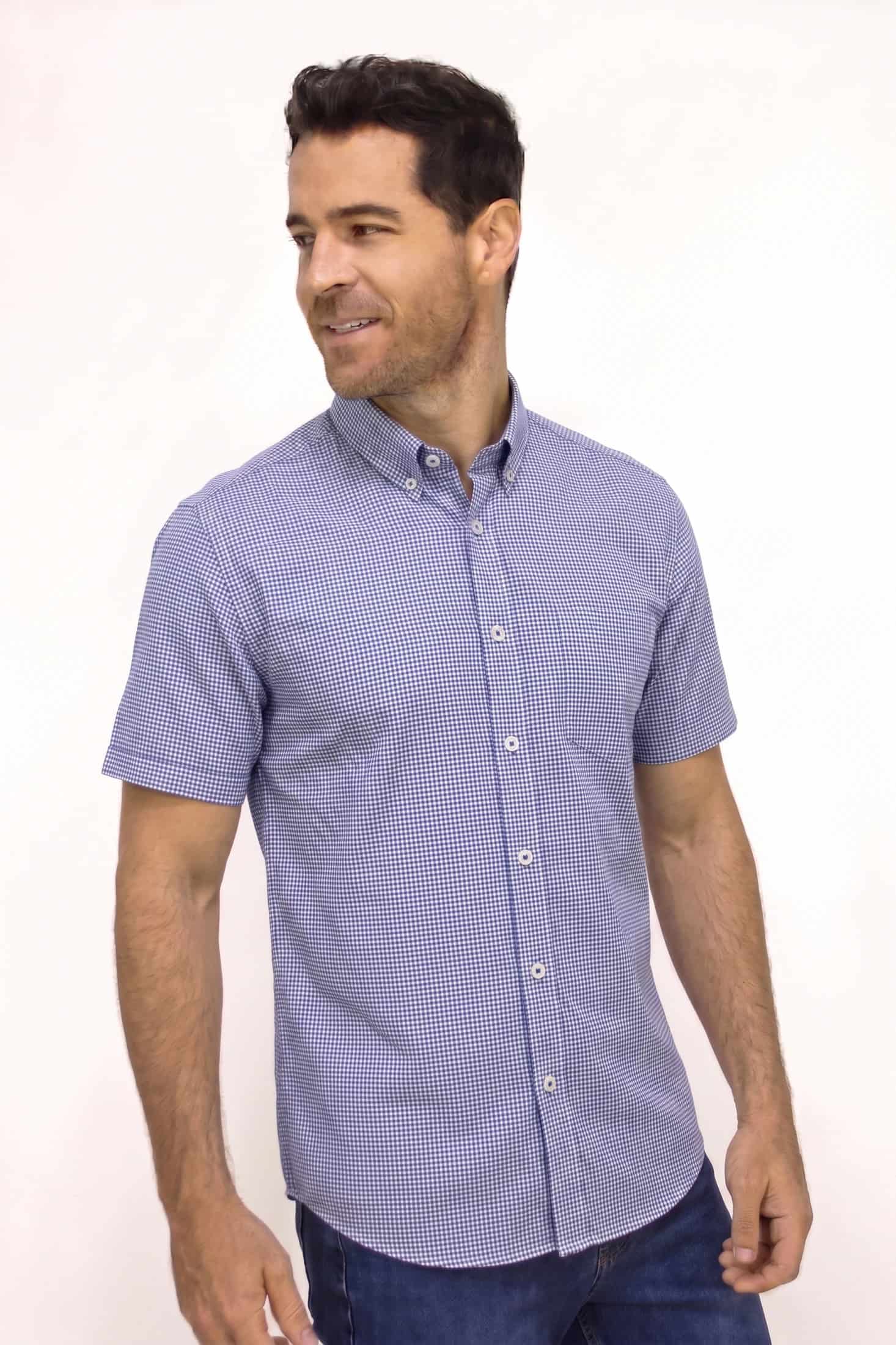 CAMISA MANGA CORTA A CUADROS AZUL PARA HOMBRE - miniatura 1