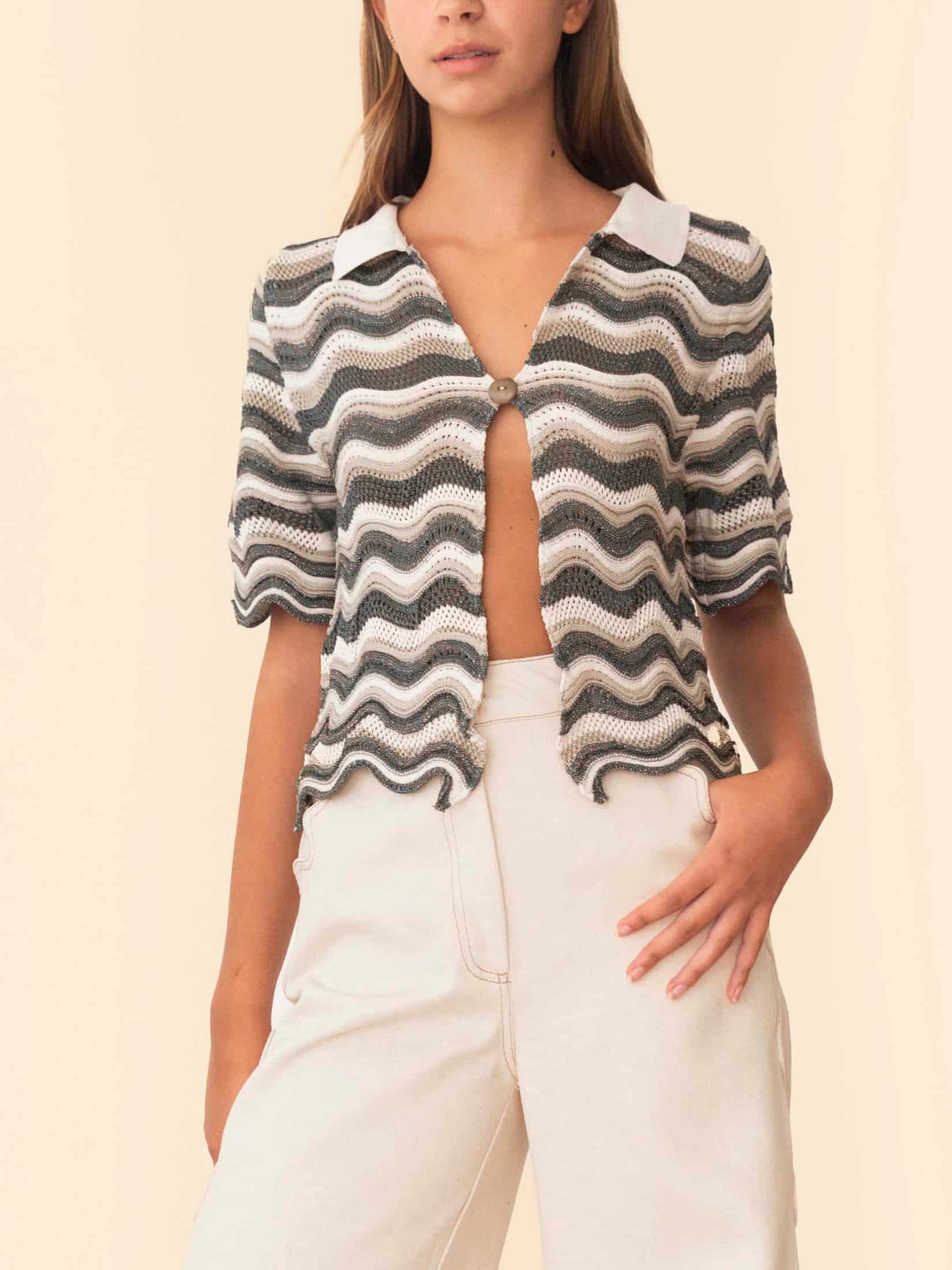 MARTINA TOP GREEN WITH BEIGE STRIPES - miniatura 1