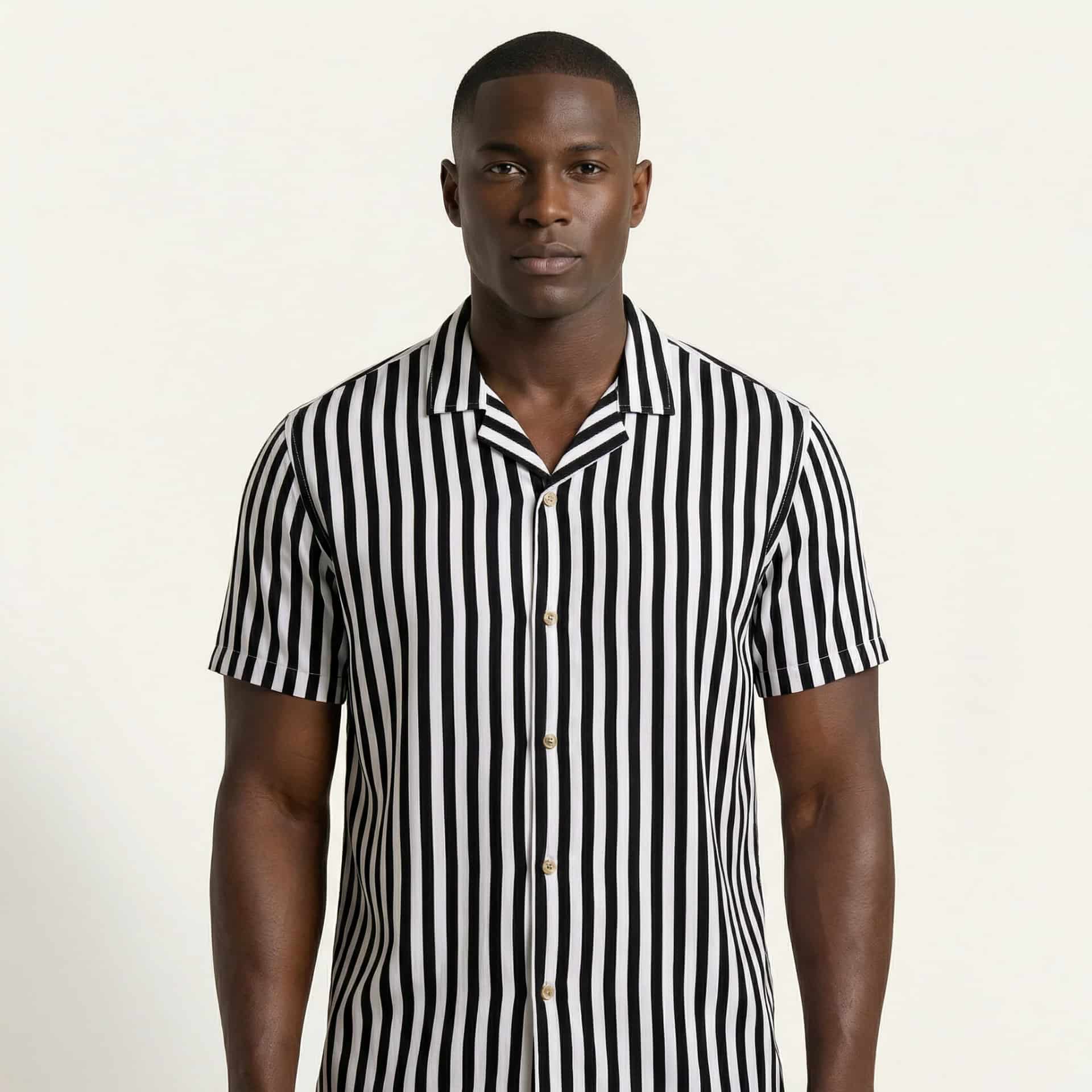 Camisa Bowling Rayada Blanco/Negro C201 - miniatura 5