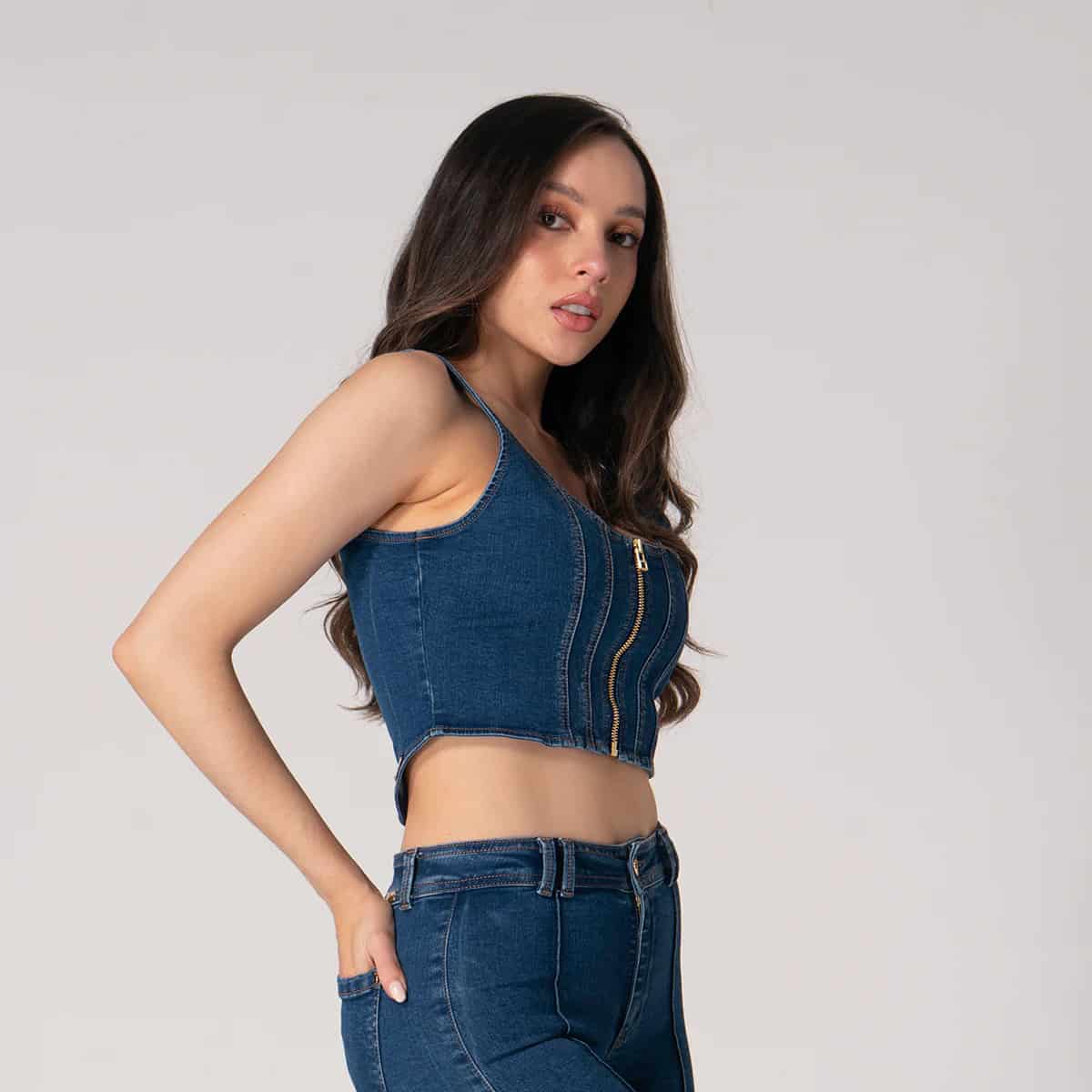 Blusa Crop Top Denim Slim Fava - miniatura 7