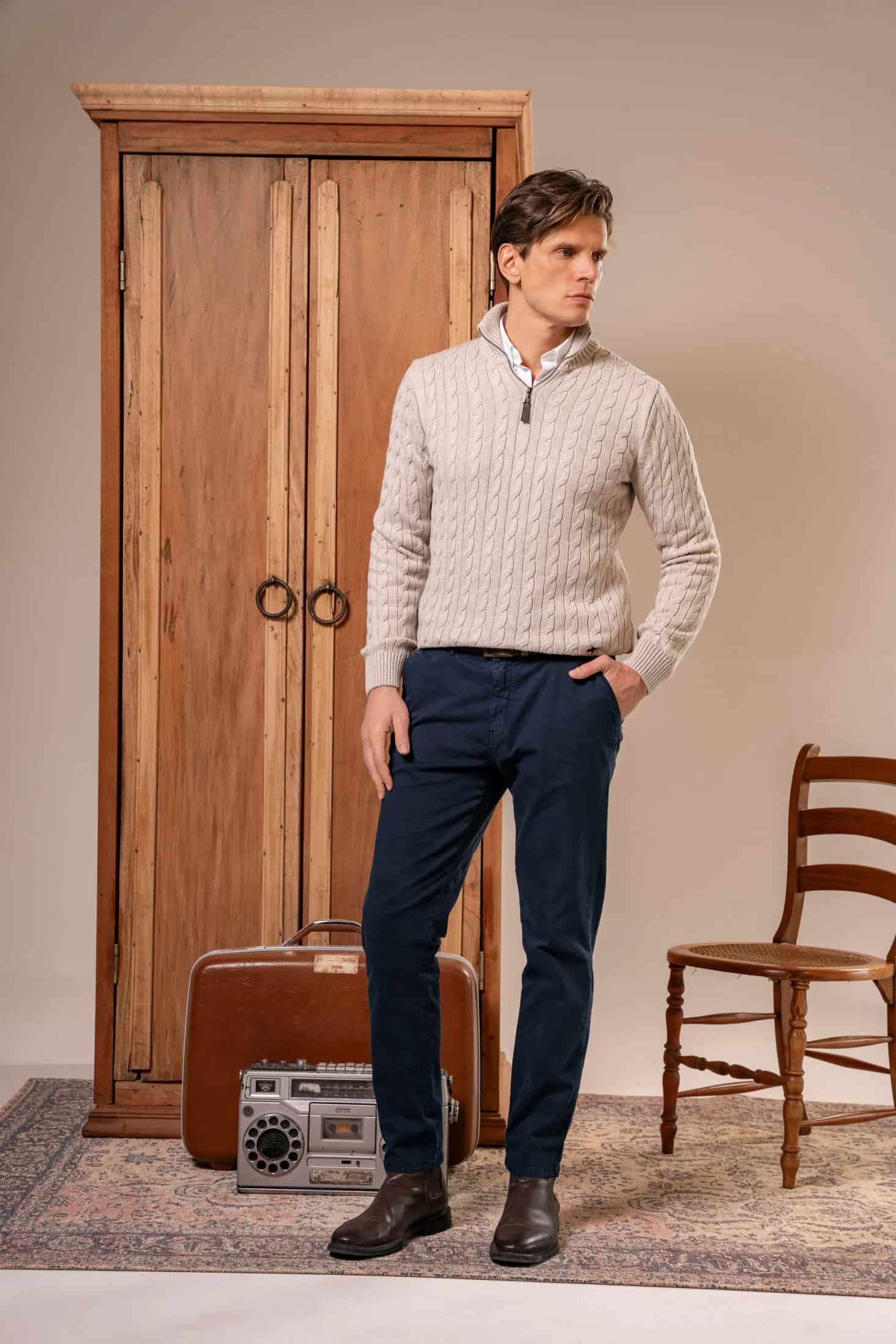Suéter Halfzip Trenzado Hombre Arena - miniatura 6