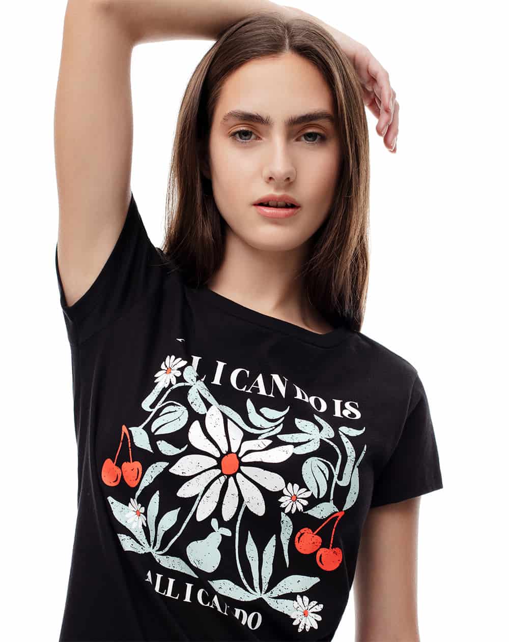 Camiseta regular algodón negra estampada mujer - miniatura 1