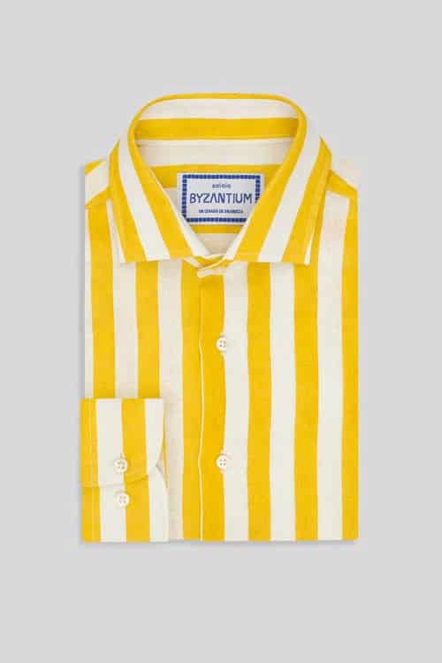 Men's linen shirt yellow faded striped - miniatura 3