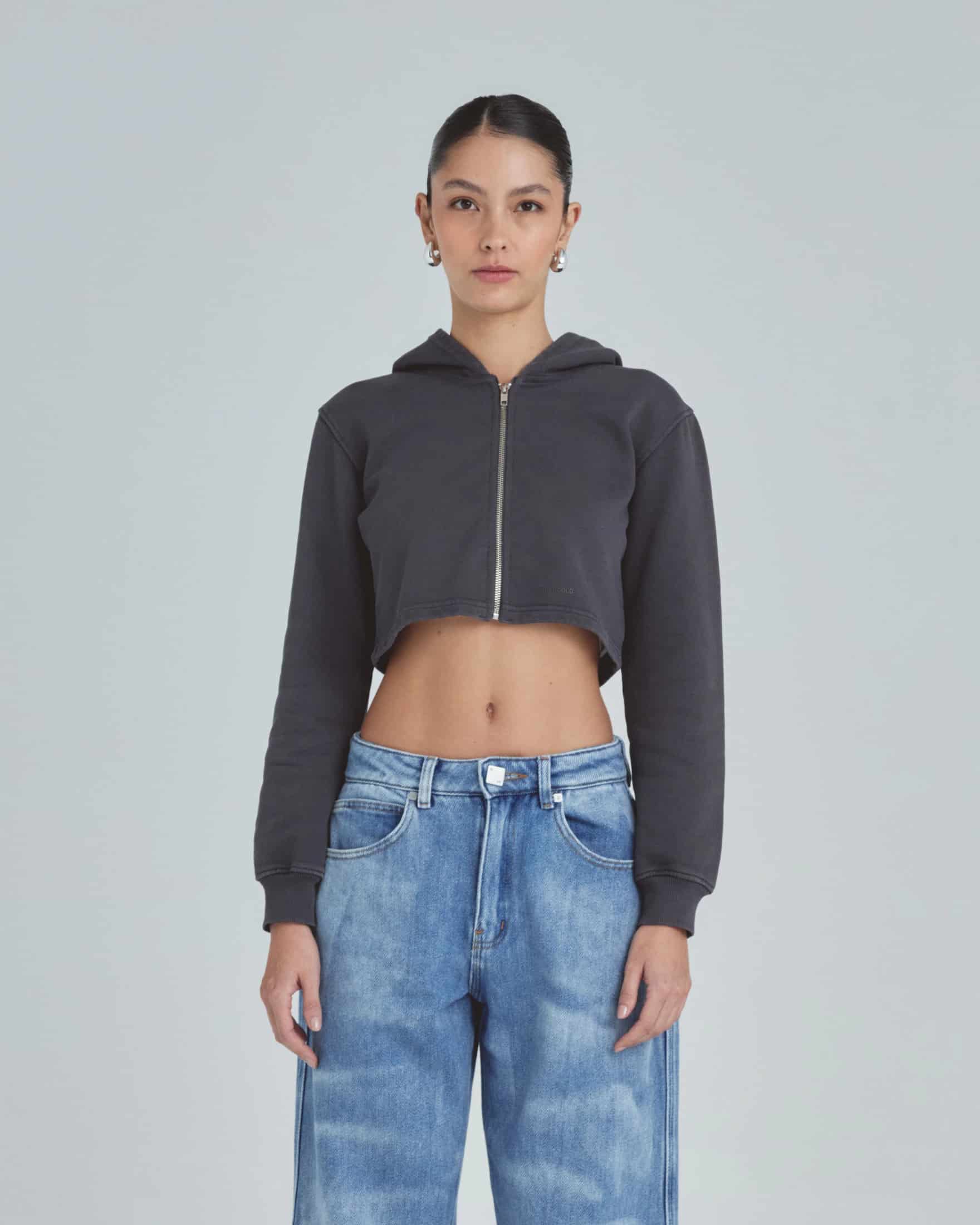 Line Basic Slim Fit Zip Up Cropped Hoodie Dark Gray - miniatura 2