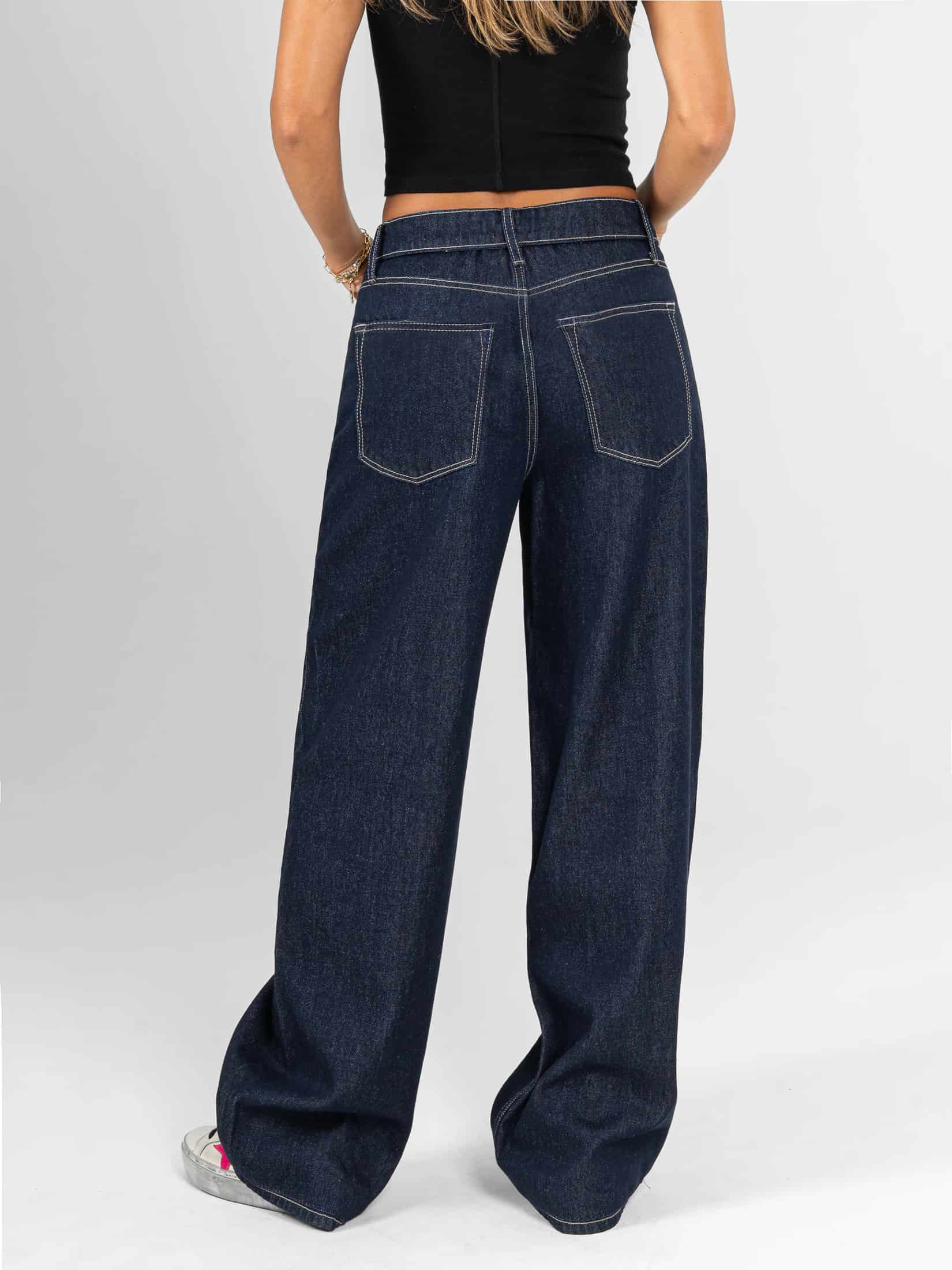 Ref: 066424 Jean wide leg, rígido, tiro medio, detalle en pretina, tono azul oscuro - miniatura 2