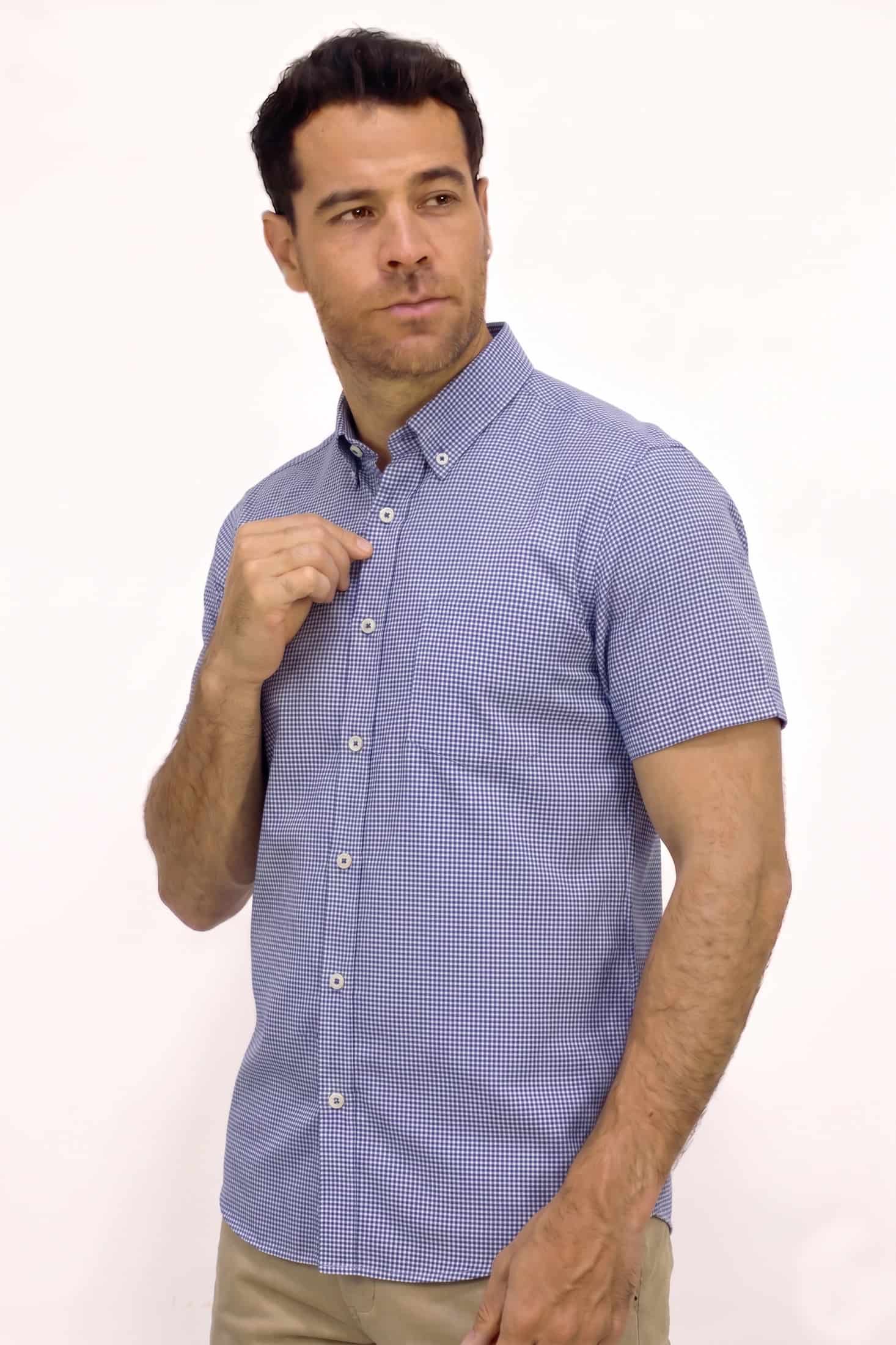 CAMISA MANGA CORTA A CUADROS AZUL PARA HOMBRE - miniatura 3