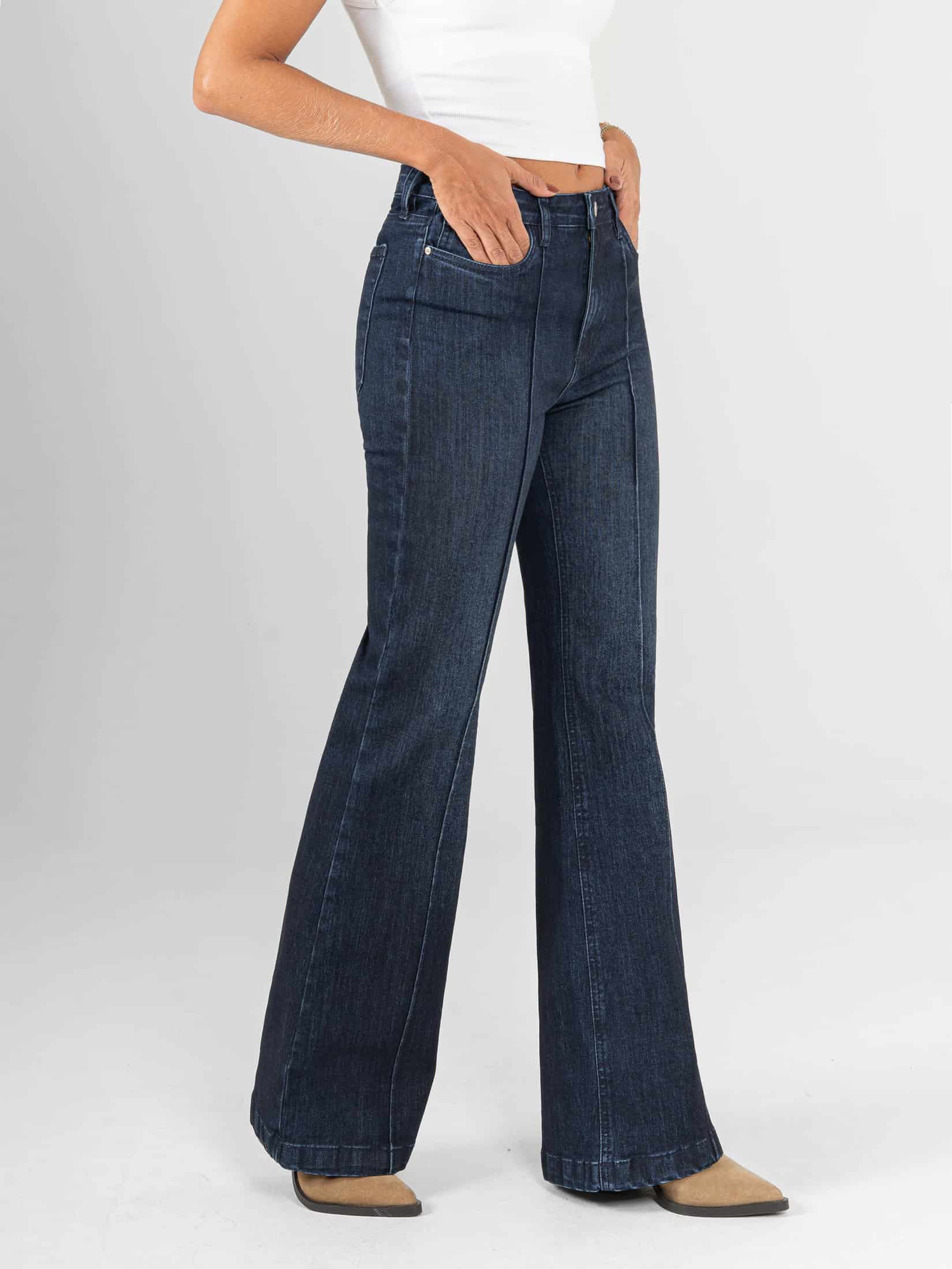 Ref: 066324 Jean flare stretch, bota ancha, tiro alto, con cortes, tono azul oscuro medio - miniatura 3