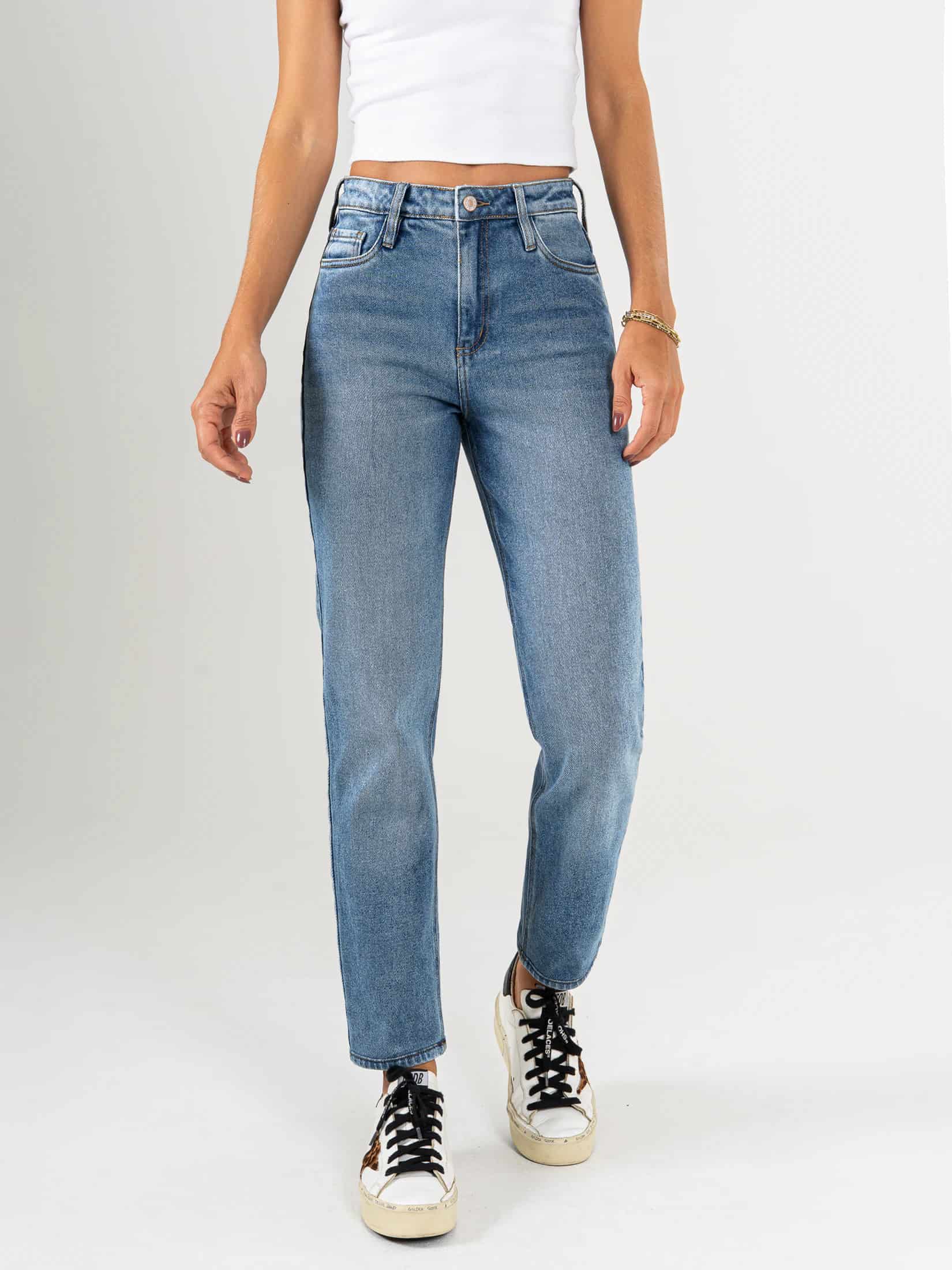 Ref: 065803 Jean Mom fit, slim cropped, stretch, tiro alto, tono azul medio claro - miniatura 1