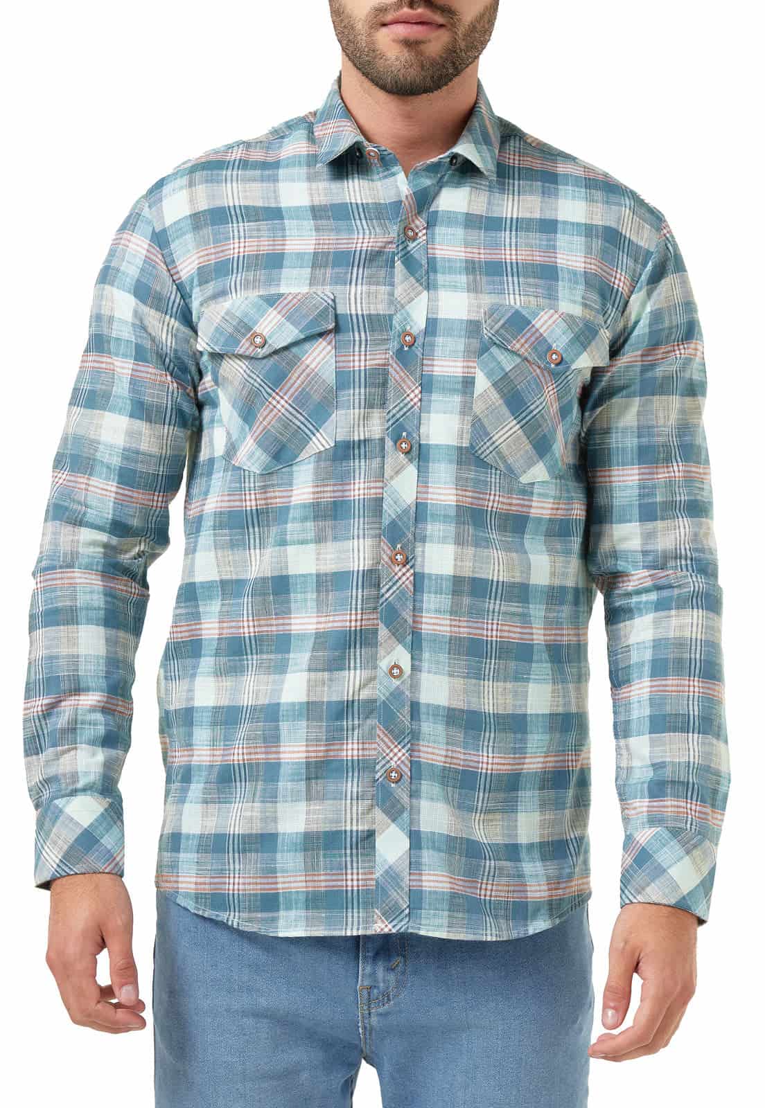 Camisa leñadora verde con tonos azules y blanco doble bolsillo - miniatura 3