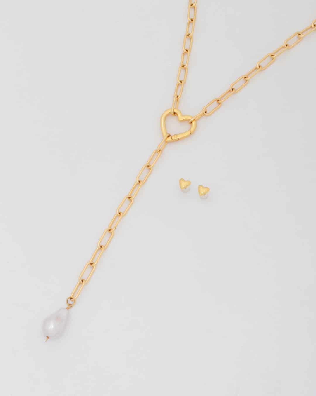 Collar Corbatín Corazón Perla + Aretes - miniatura 2