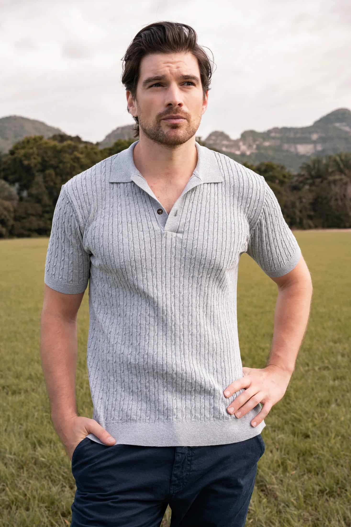 Camiseta polo trenzada tejida Hombre Hueso - miniatura 5