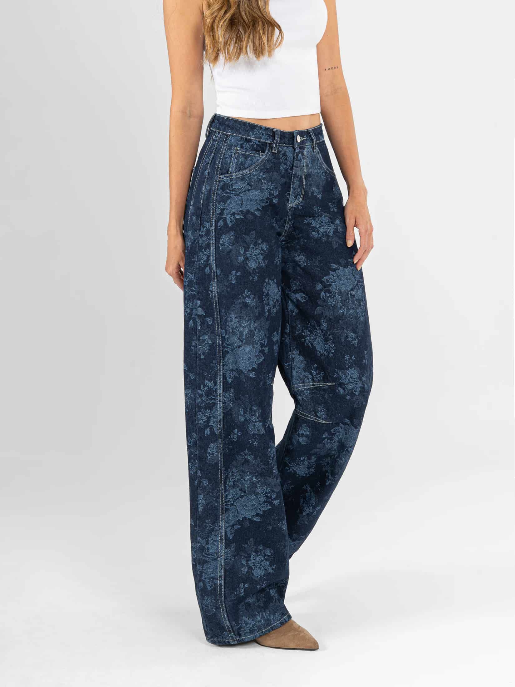 Ref: 066478 Jean wide leg, rígido, tiro alto, detalle de tela estampada, con cortes, tono azul oscuro - miniatura 3