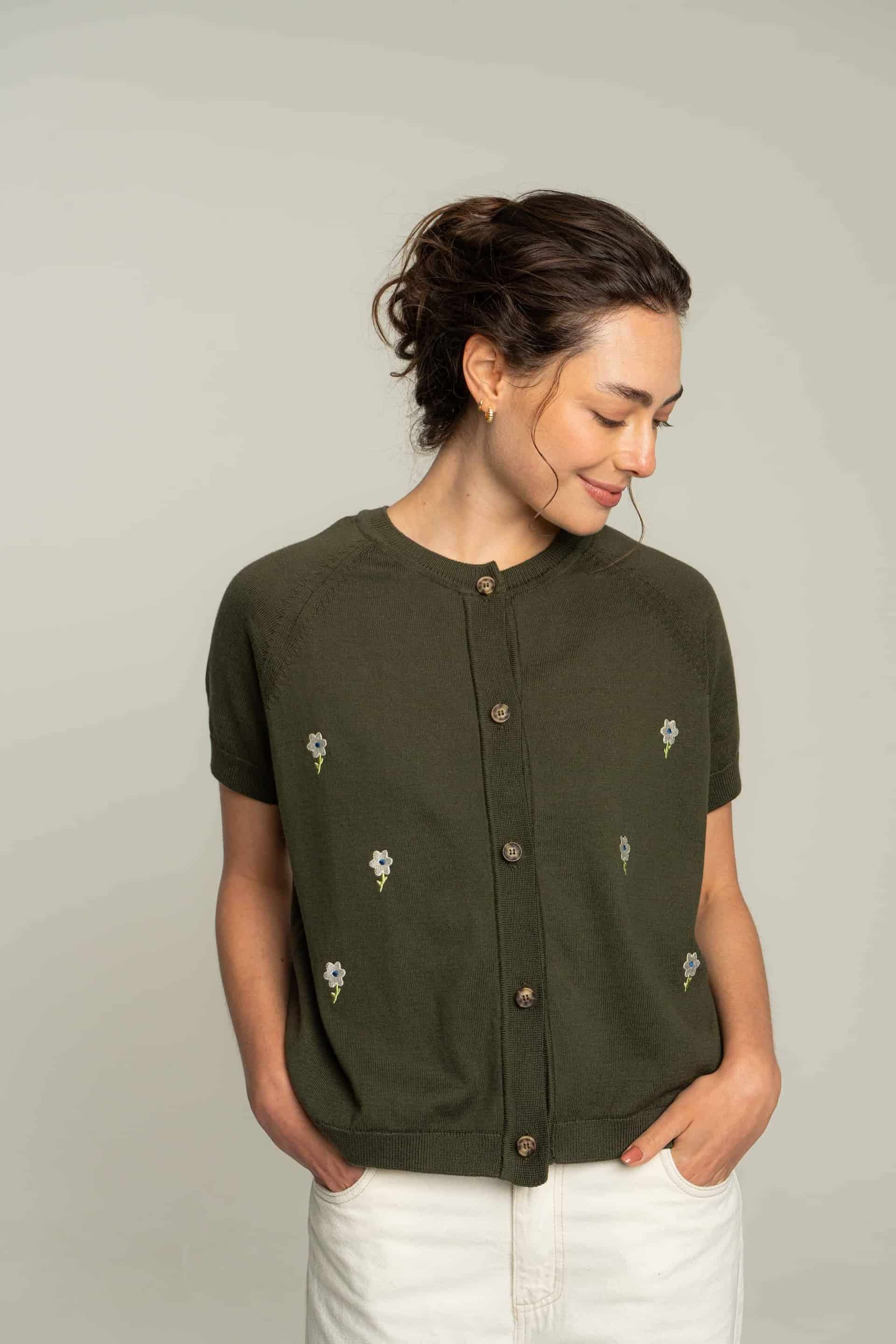 Cardigan corto flores bordadas - verde - miniatura 1