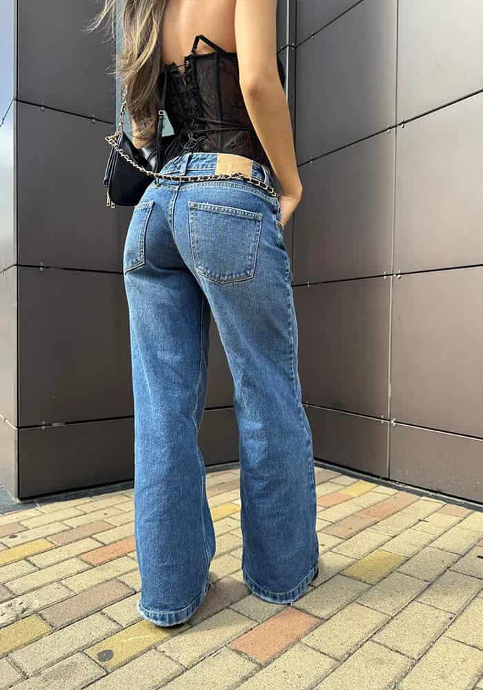 Jean Rígido Wide Leg Baggy para Mujer Tono Azul Medio Oscuro Tiro Bajo - miniatura 3