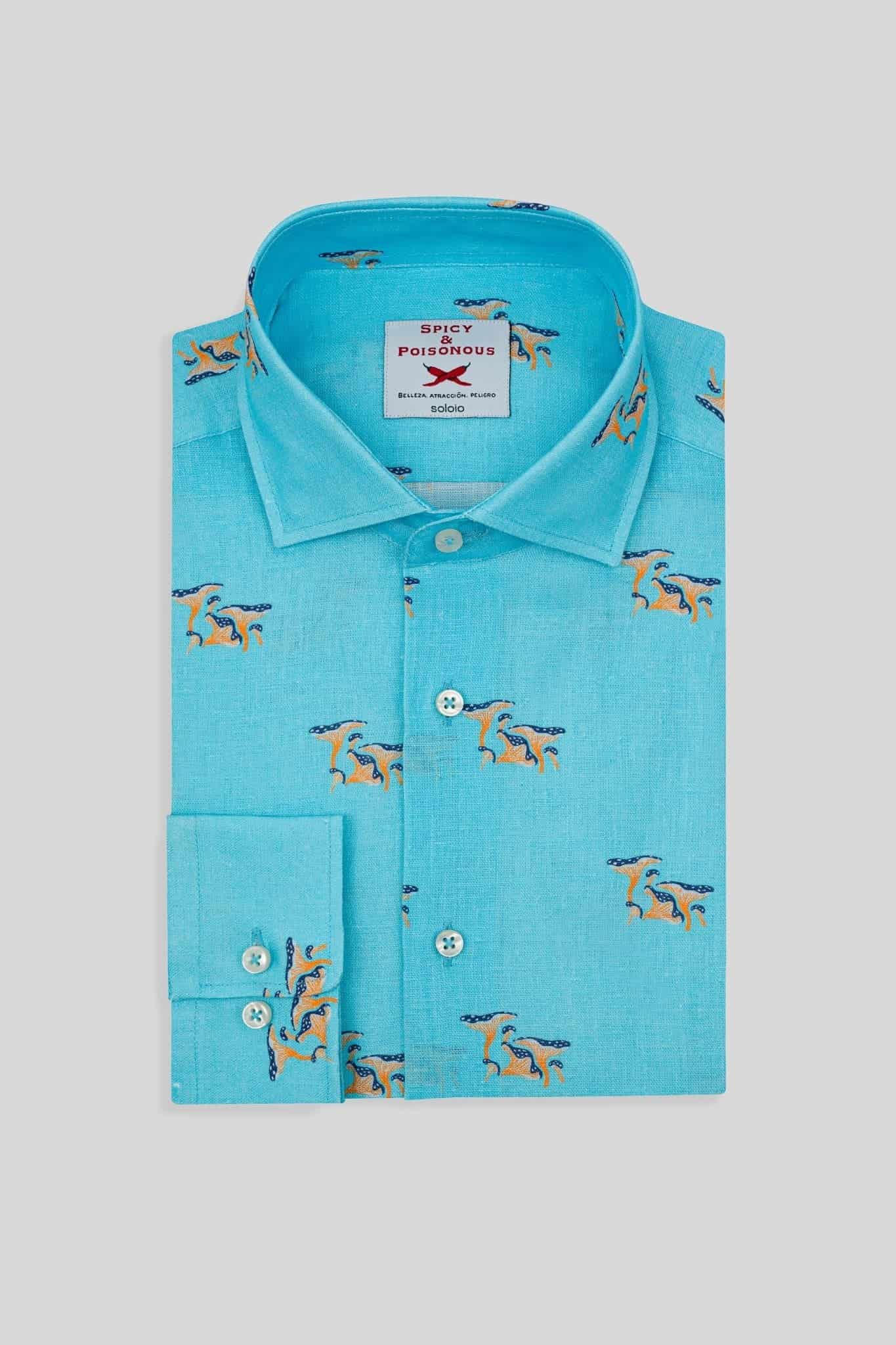Men's linen shirt turquoise mushroom - miniatura 3