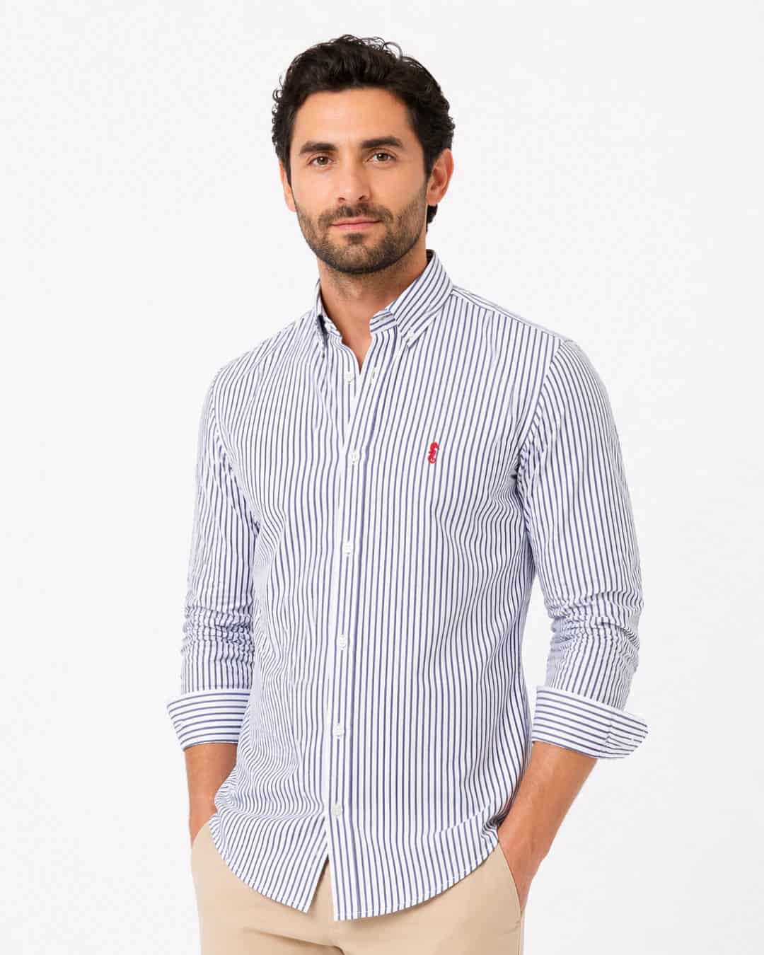 Camisa 100% Algodón Manga Larga Rayas Azul Oscuro - miniatura 1