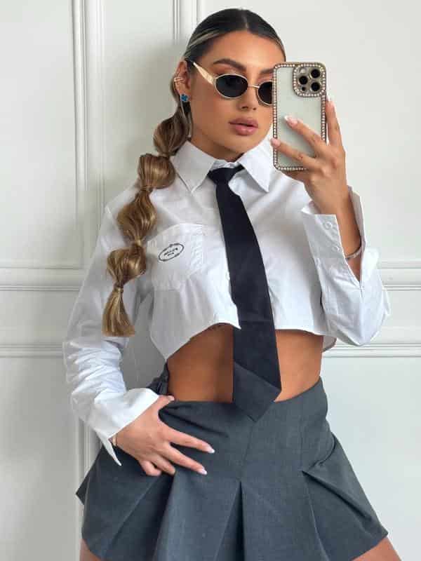 CAMISERA PRADA CORTA BLANCA CON CORBATA - miniatura 3