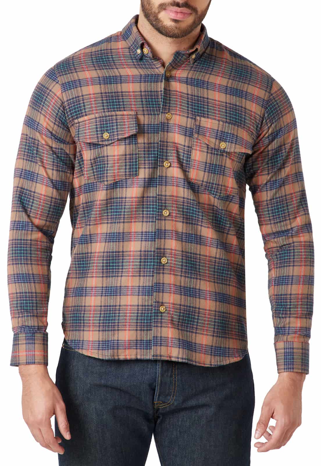 Camisa manga larga leñadora camel rayas azul y roja - miniatura 3