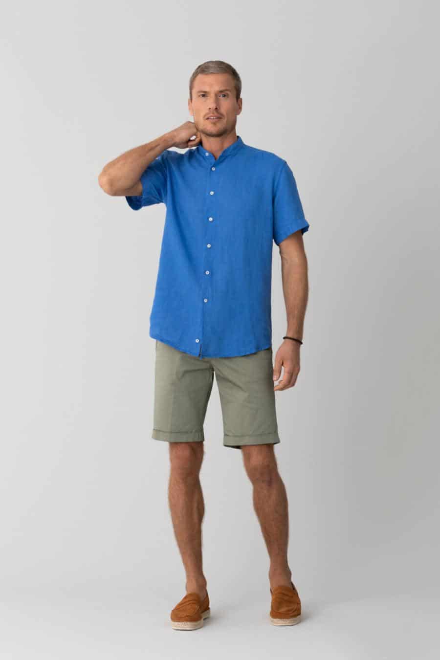 men’s linen shirt mao blue intense basic - miniatura 5