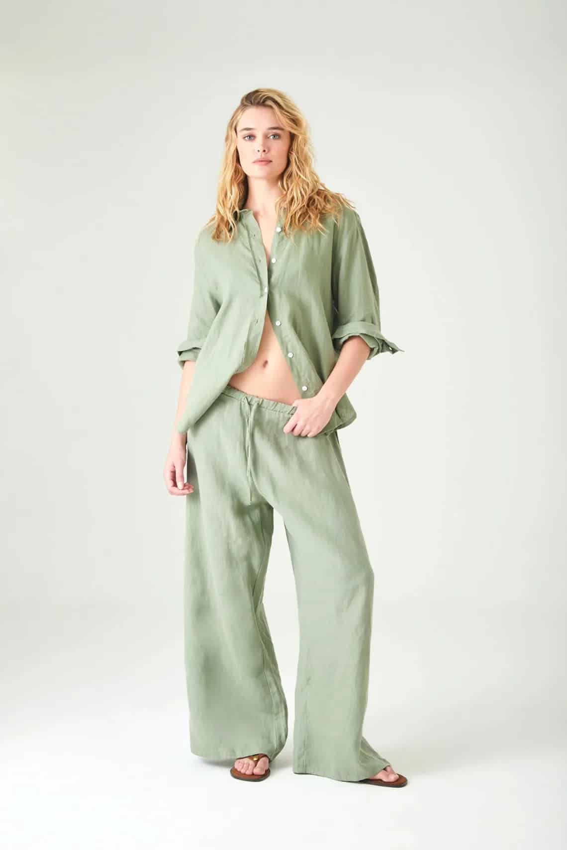 Pantalón pierna ancha con pretina elástica en lino verde salvia para mujer - miniatura 1