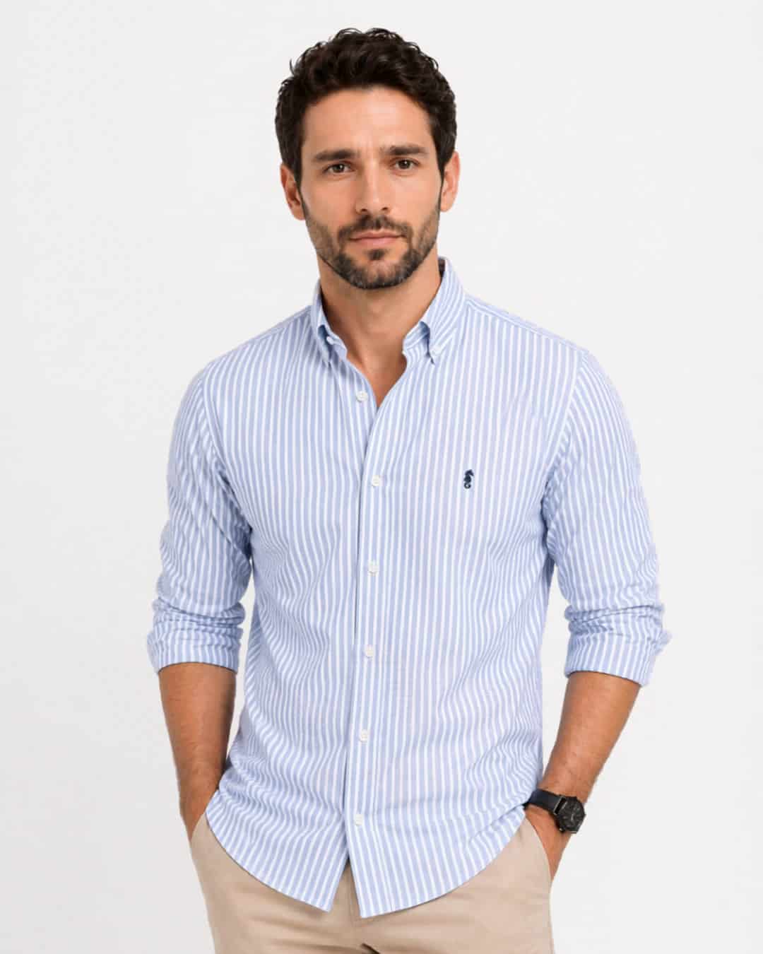 Camisa 100% Algodón Manga Larga Azul Claro Rayas Blancas - miniatura 4