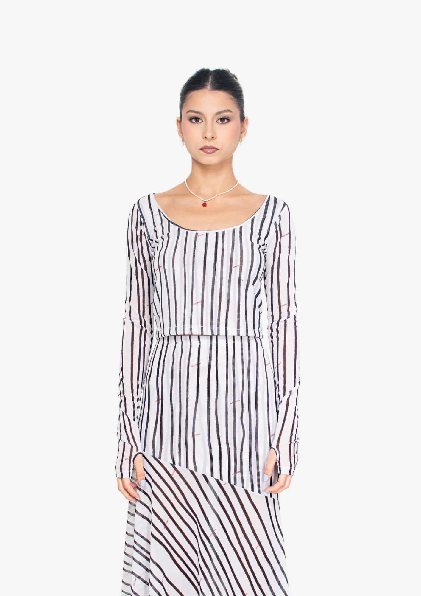 White Stripes Mesh Long Sleeve Blouse - miniatura 1