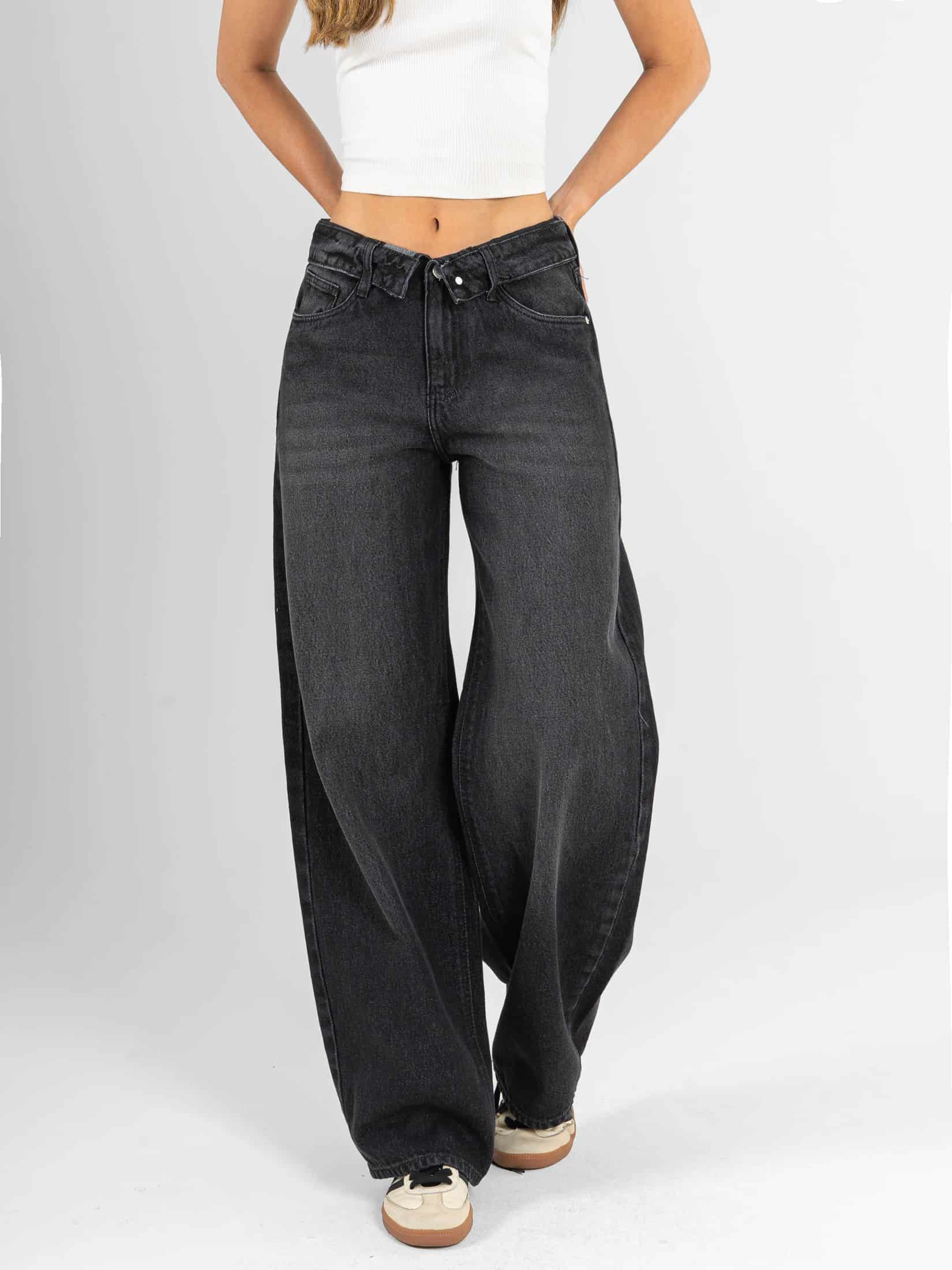 Ref: 066530 Jean wide leg, rígido, tiro medio, detalle en pretina, tono gris oscuro - miniatura 1