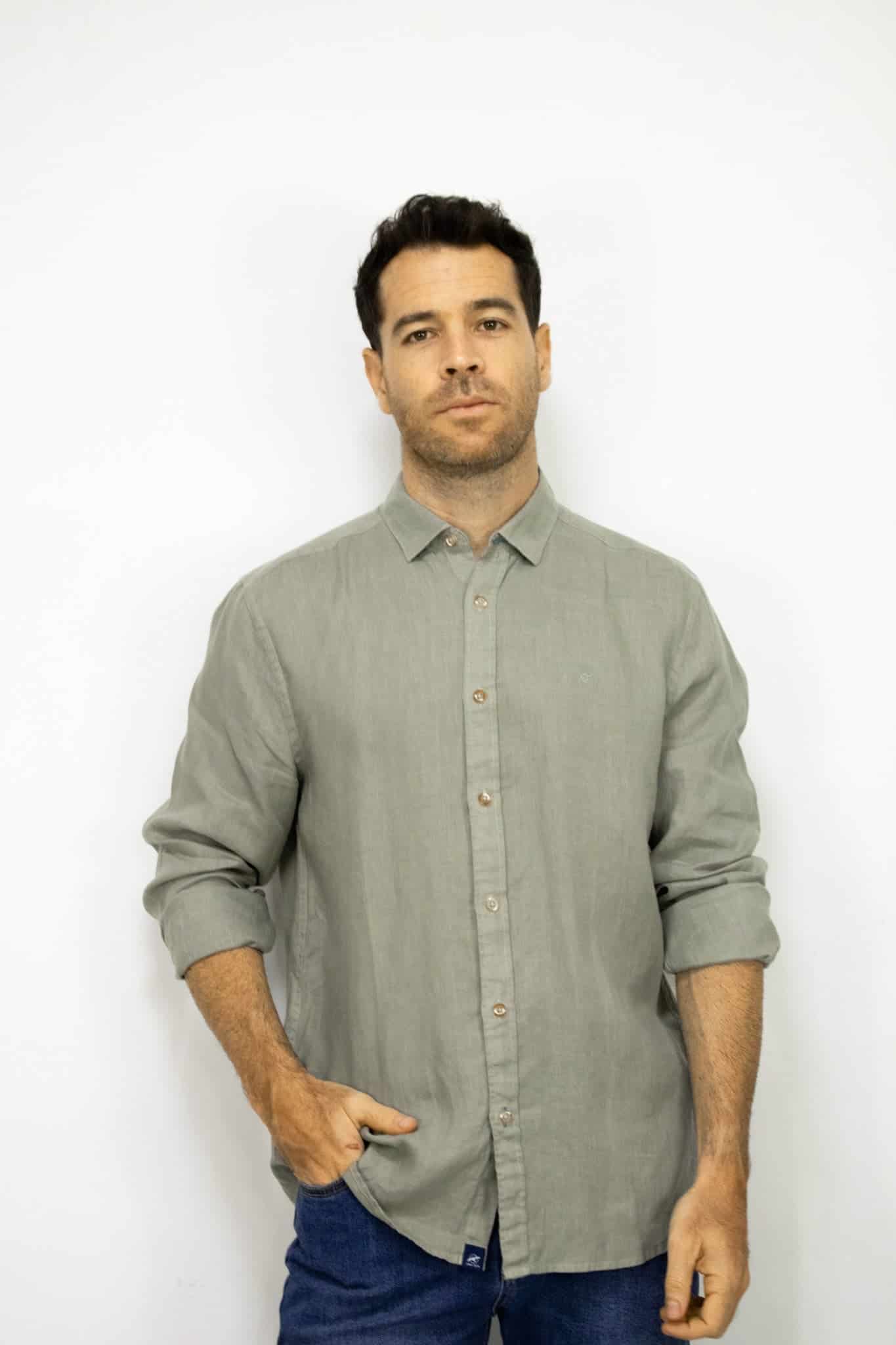 CAMISA LINO MANGA LARGA VERDE PARA HOMBRE - miniatura 1
