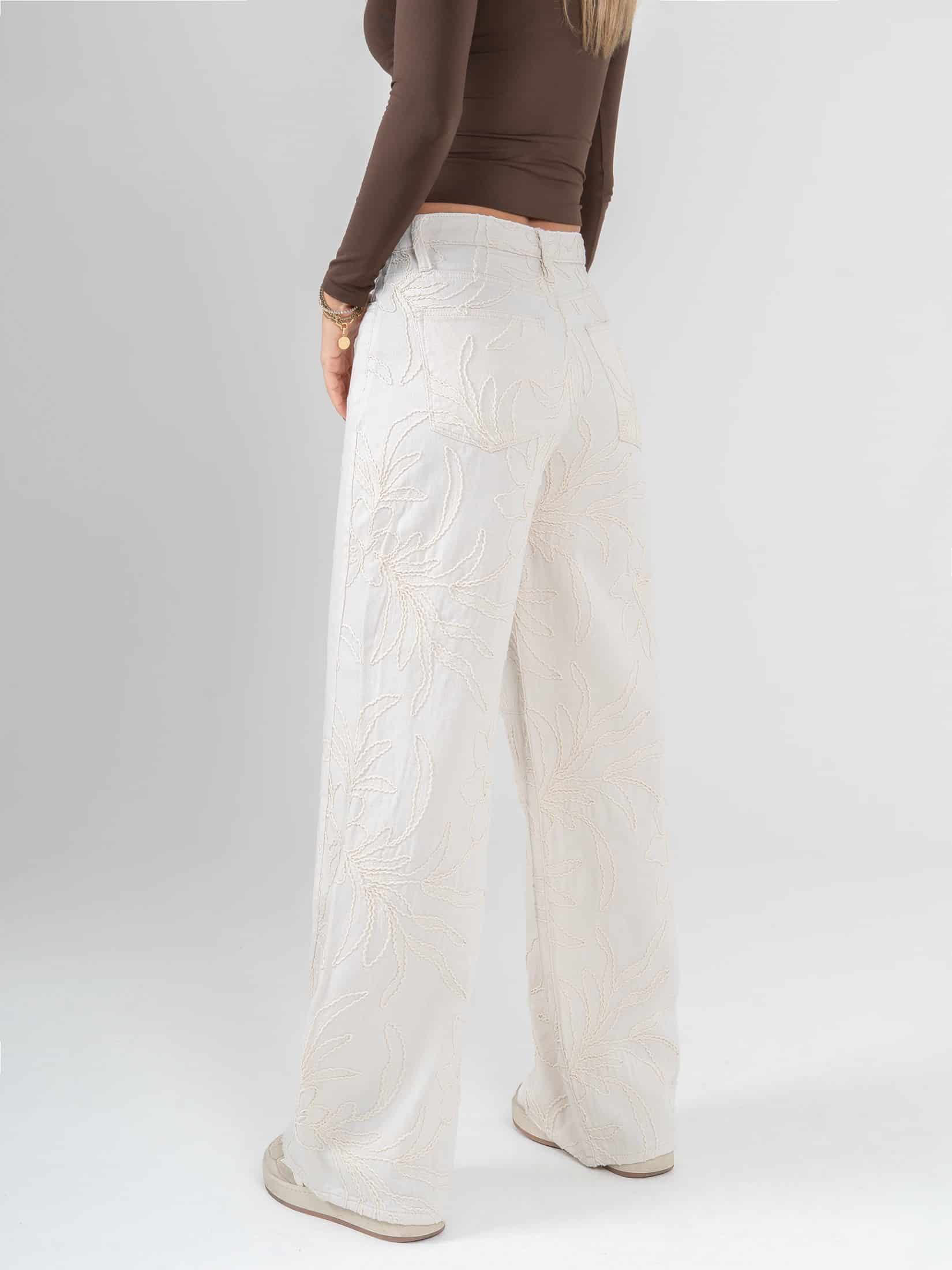 Ref: 0620284 Pantalón wide leg, tiro medio, tela bordada, tono natural - miniatura 3
