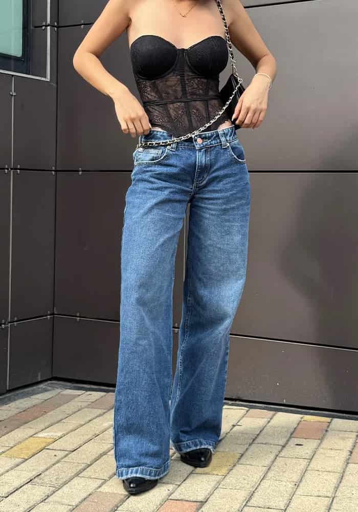 Jean Rígido Wide Leg Baggy para Mujer Tono Azul Medio Oscuro Tiro Bajo - miniatura 10