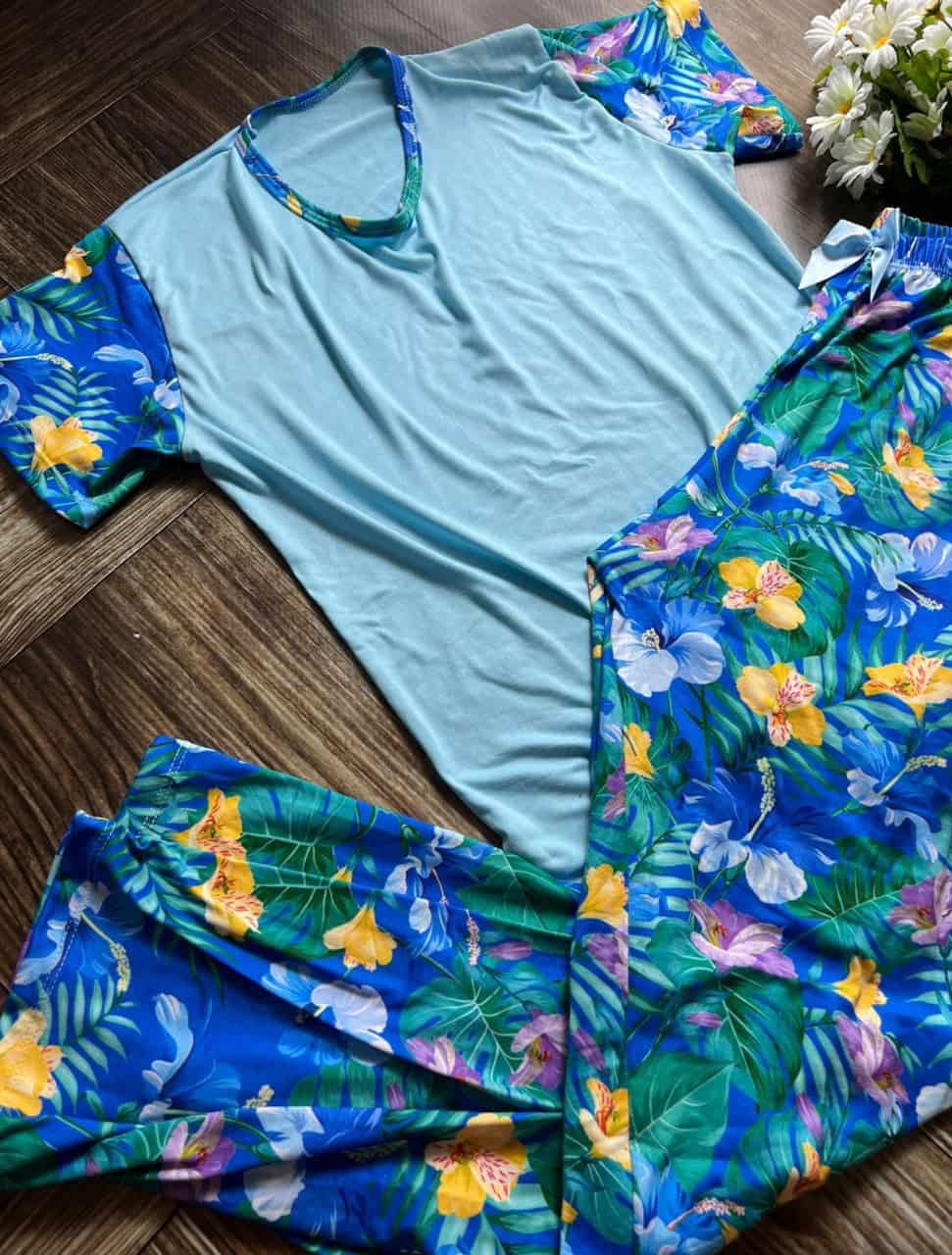 Pijama Pantalón flores azul - miniatura 3