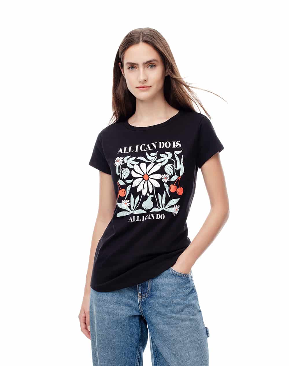 Camiseta regular algodón negra estampada mujer - miniatura 3
