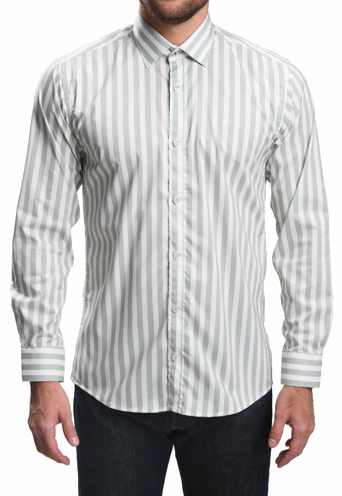 Camisa casual slim fit blanca a rayas verdes - miniatura 4